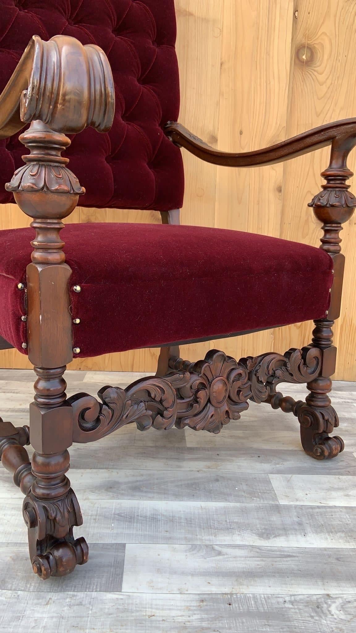 Antique French Regency Style Caved Walnut Throne Chairs Newly Upholstered, Pair For Sale 4