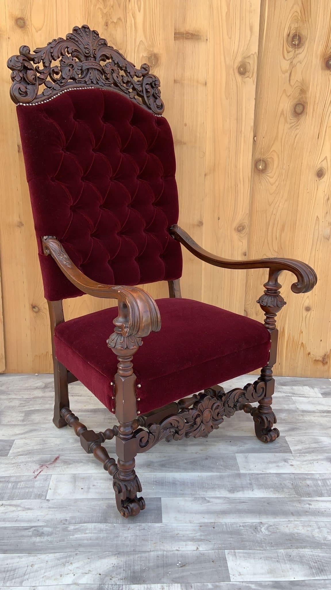 Antique French Regency Style Caved Walnut Throne Chairs Newly Upholstered, Pair For Sale 5