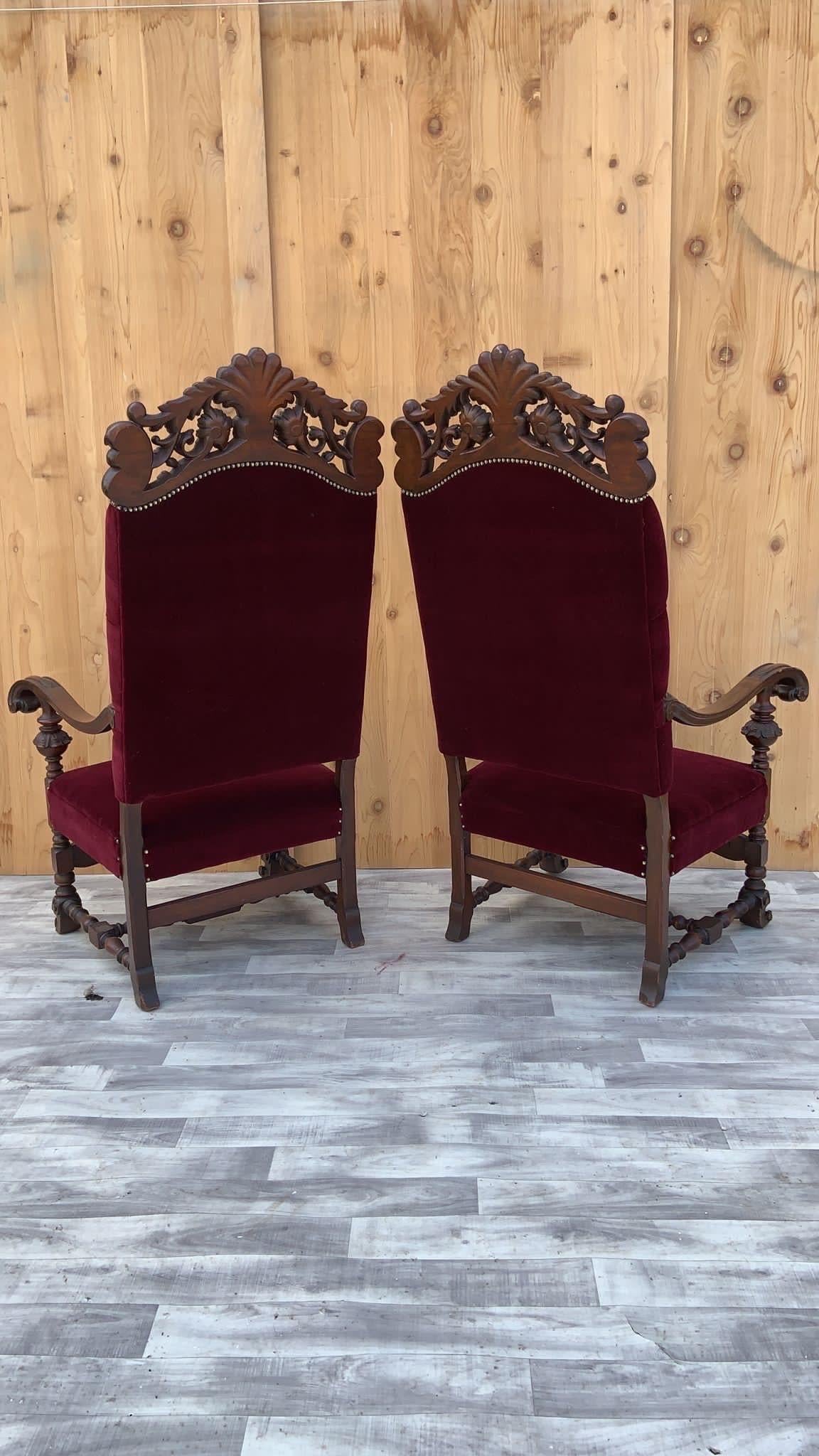 Antique French Regency Style Caved Walnut Throne Chairs Newly Upholstered, Pair For Sale 6