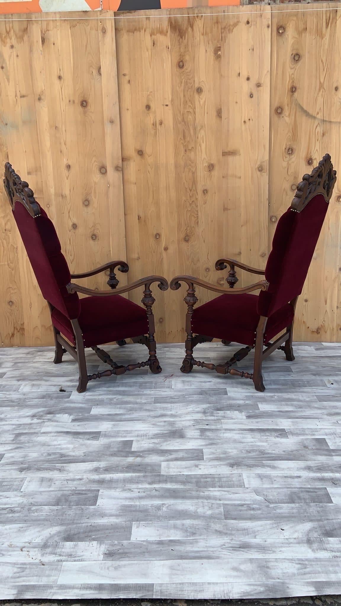 Antique French Regency Style Caved Walnut Throne Chairs Newly Upholstered, Pair For Sale 7
