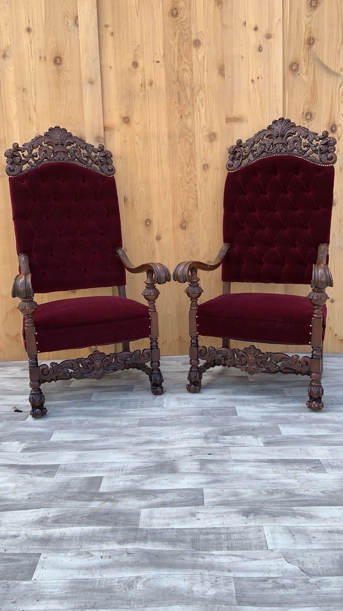 Antique French Regency Style Caved Walnut Throne Chairs Newly Upholstered, Pair For Sale 8