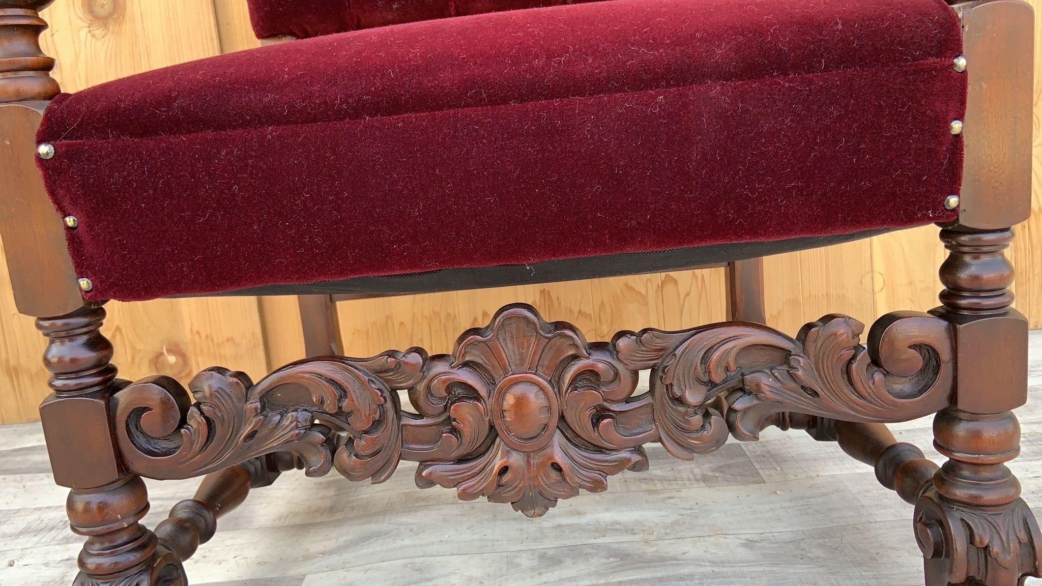 Antique French Regency Style Ornate Caved Walnut Throne Chairs Newly Upholstered in a Burgundy Mohair - Pair

Gorgeous Pair of French Regency Style Beautifully Ornate Hand Carved Acanthus Leaf Motif Finely Detailed Walnut High Back Throne Chairs