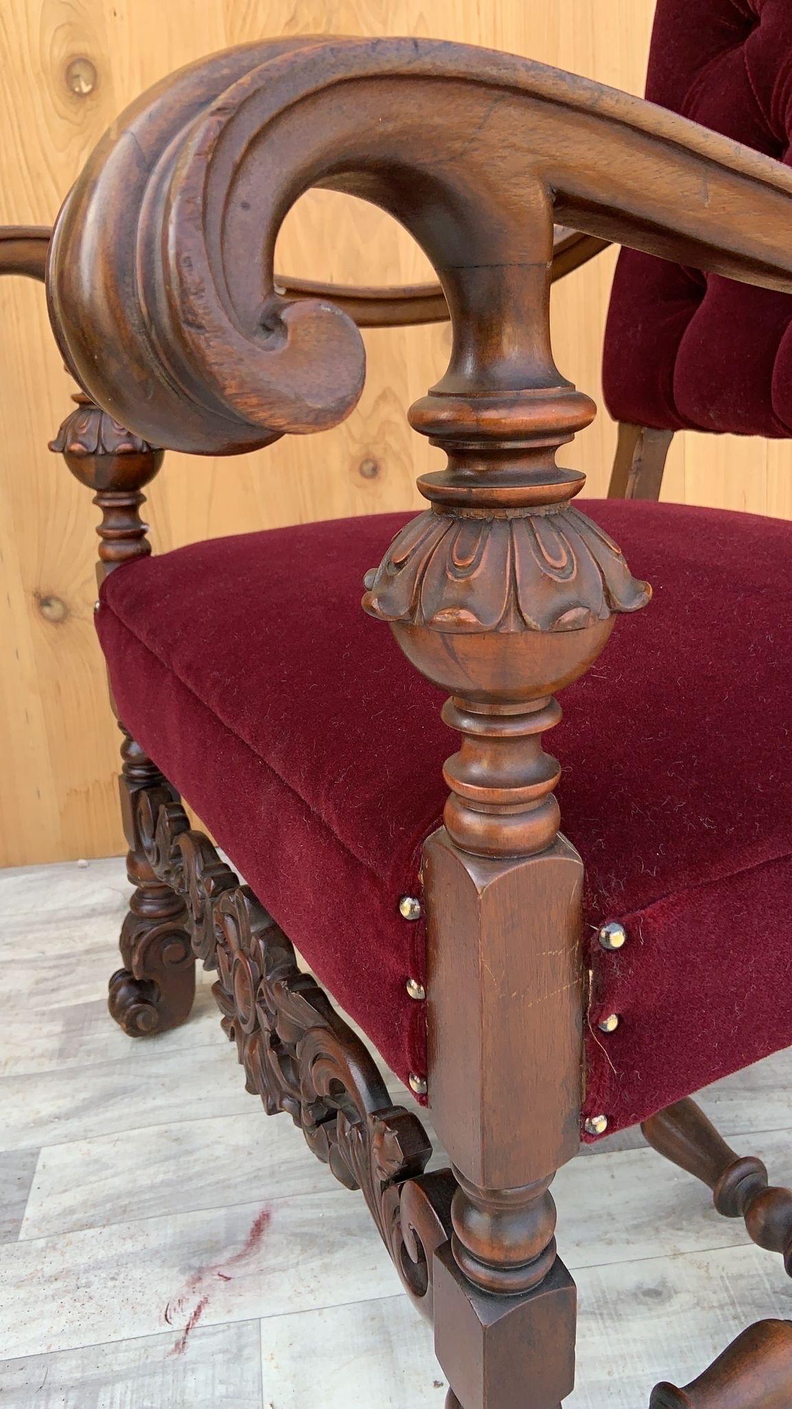 Hand-Carved Antique French Regency Style Caved Walnut Throne Chairs Newly Upholstered, Pair For Sale