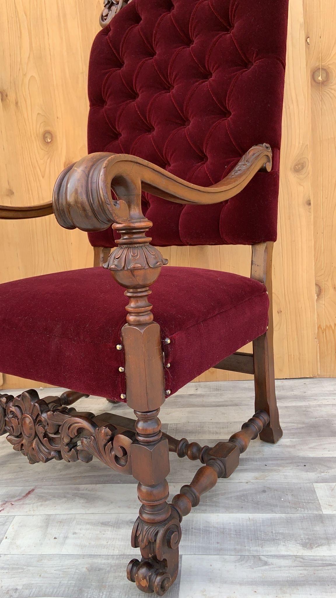 Antique French Regency Style Caved Walnut Throne Chairs Newly Upholstered, Pair In Good Condition For Sale In Chicago, IL