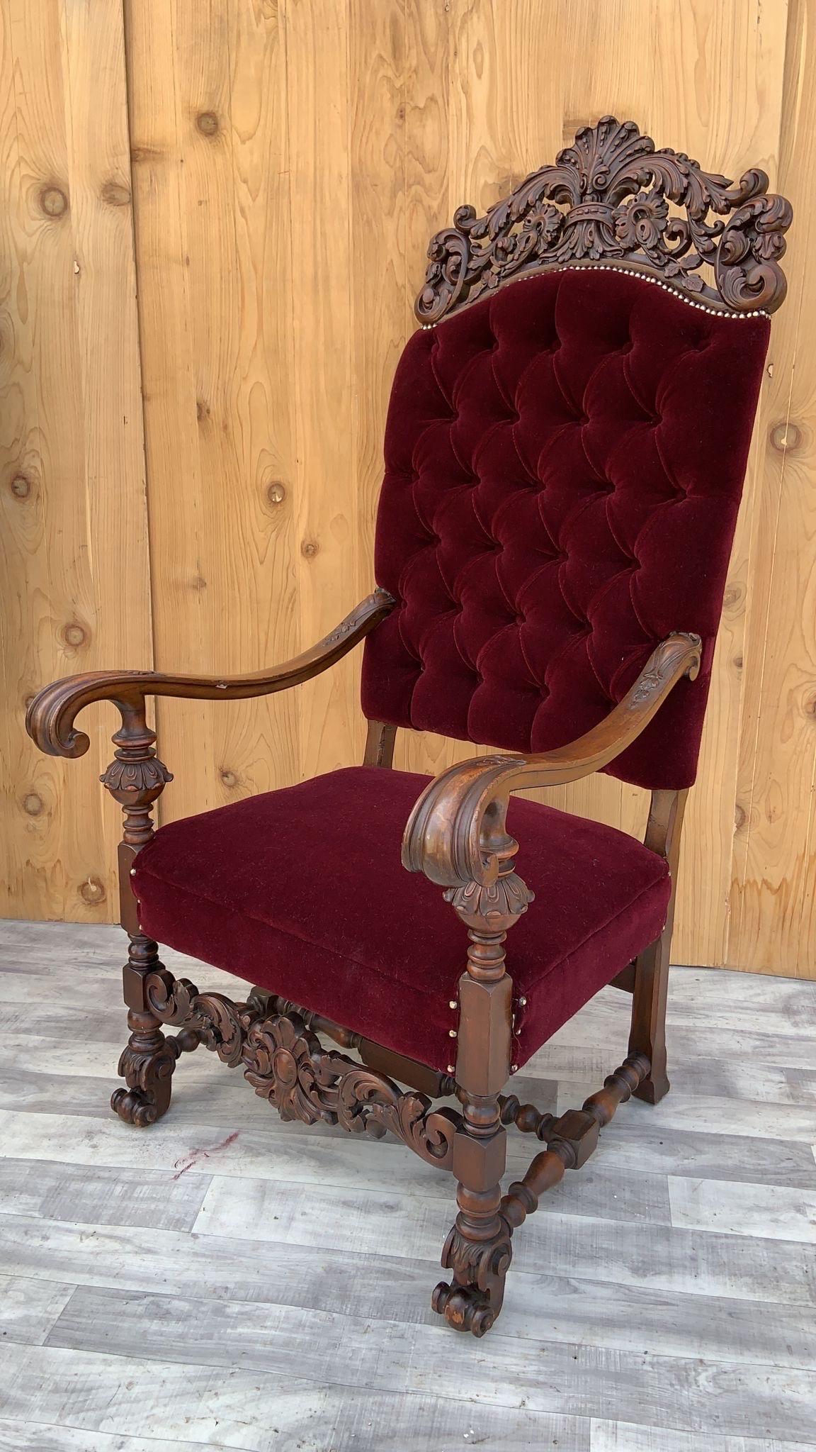 Antique French Regency Style Caved Walnut Throne Chairs Newly Upholstered, Pair For Sale 2