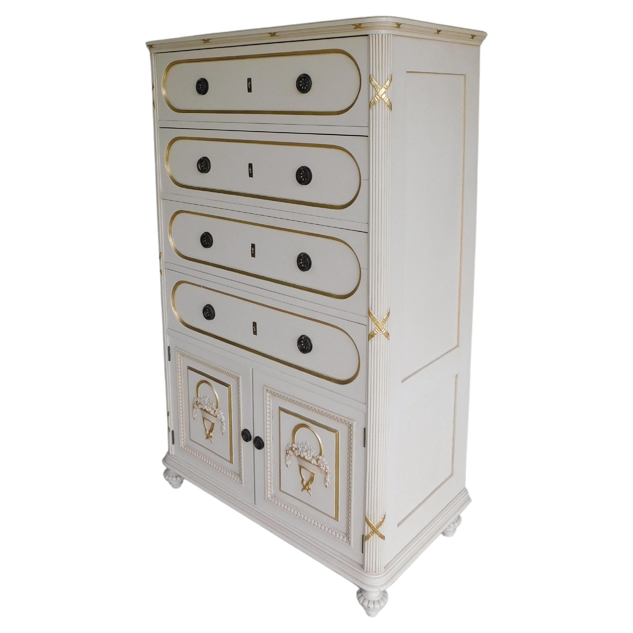 Antique French Regency Style Original Paint Decorated Gilt Accented Tall Chest For Sale 7