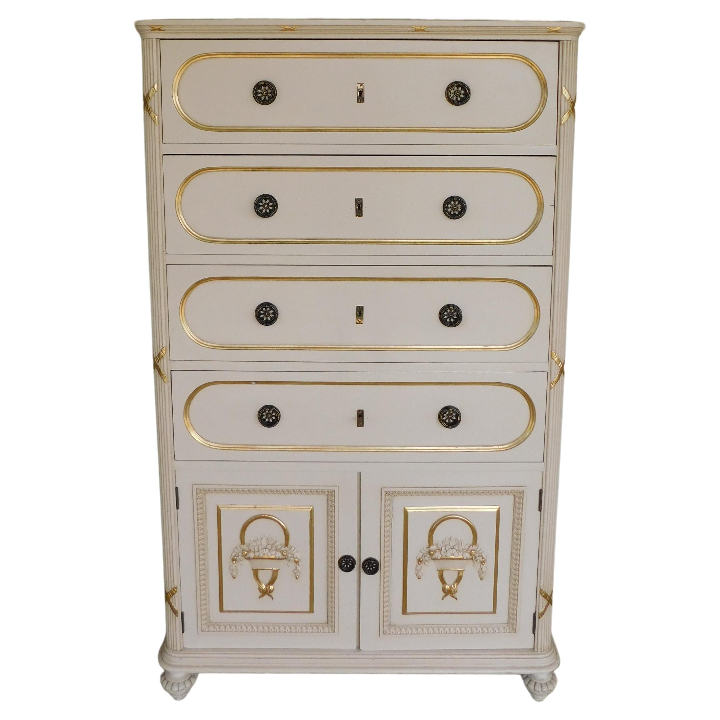 Antique French Regency Style Original Paint Decorated Gilt Accented Tall Chest For Sale