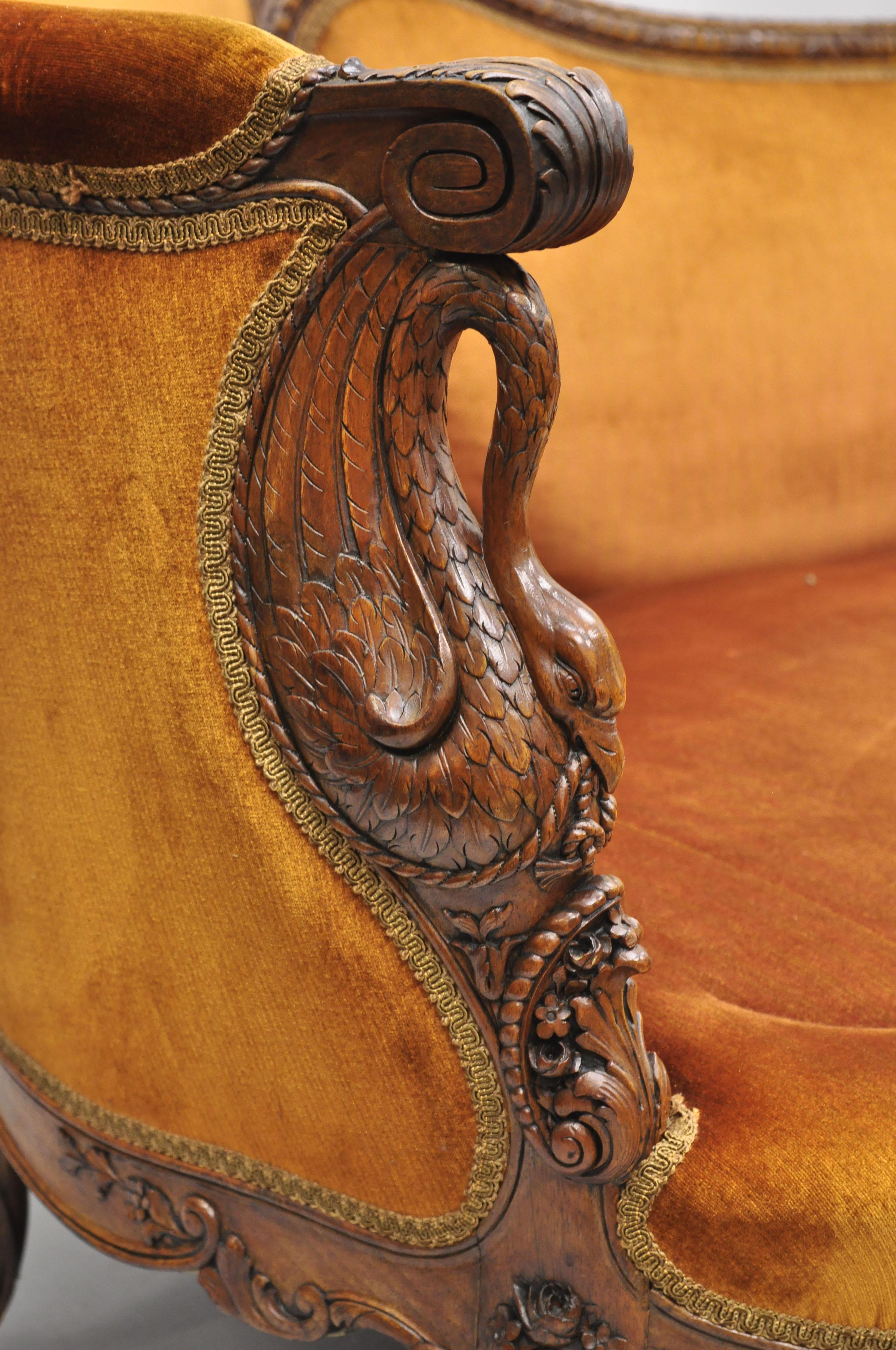 European Antique French Regency Victorian Swan & Kissing Bird Carved Frame Mahogany Sofa