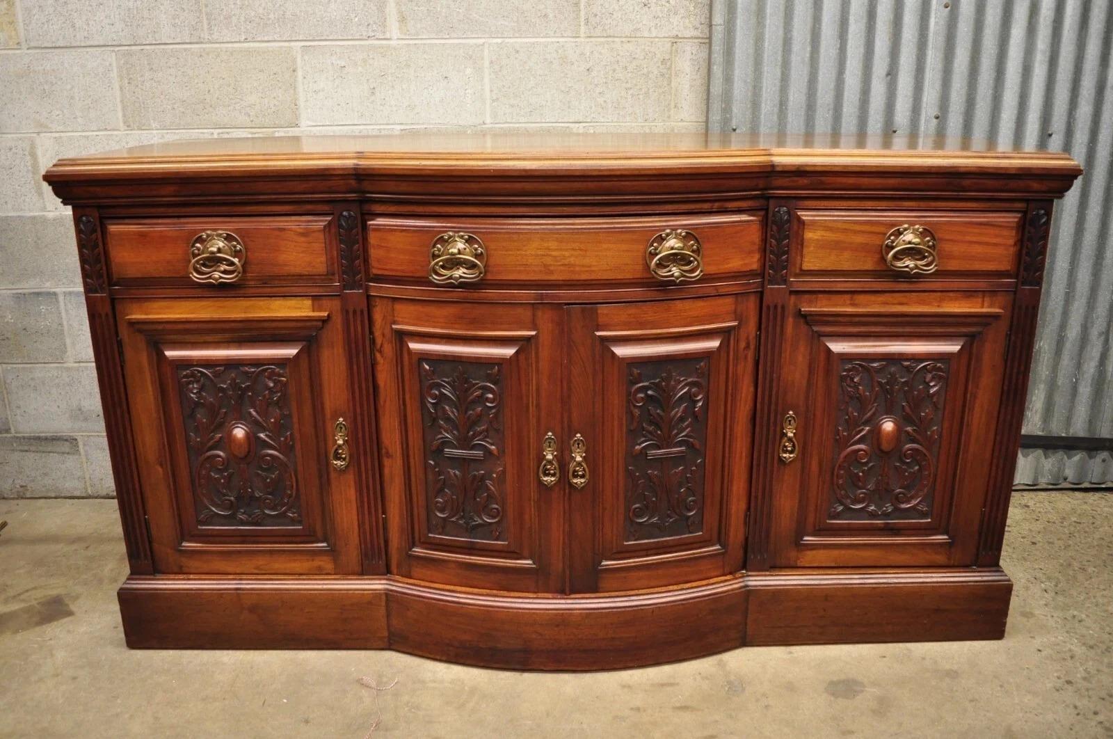 Antique French Renaissance Art Nouveau Mahogany Bowed Front Buffet Sideboard For Sale 7