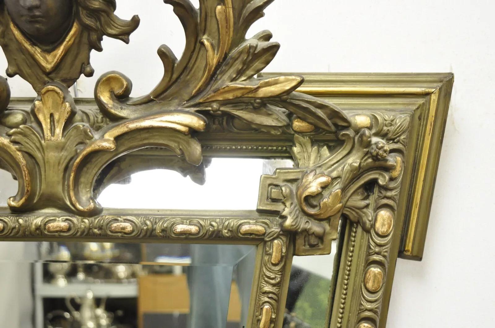 Antique French Renaissance Baroque Carved Giltwood Gesso Wall Mirror with Face For Sale 8