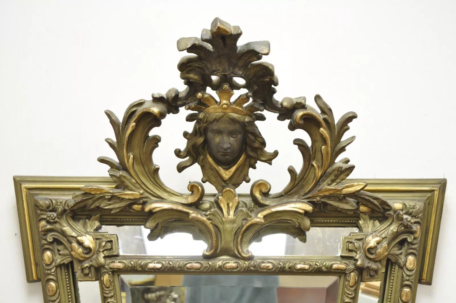 Unknown Antique French Renaissance Baroque Carved Giltwood Gesso Wall Mirror with Face For Sale