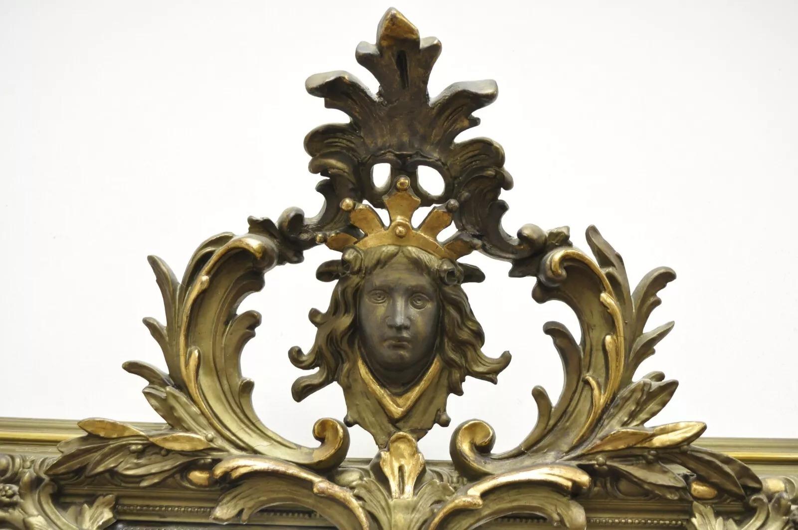 19th Century Antique French Renaissance Baroque Carved Giltwood Gesso Wall Mirror with Face For Sale