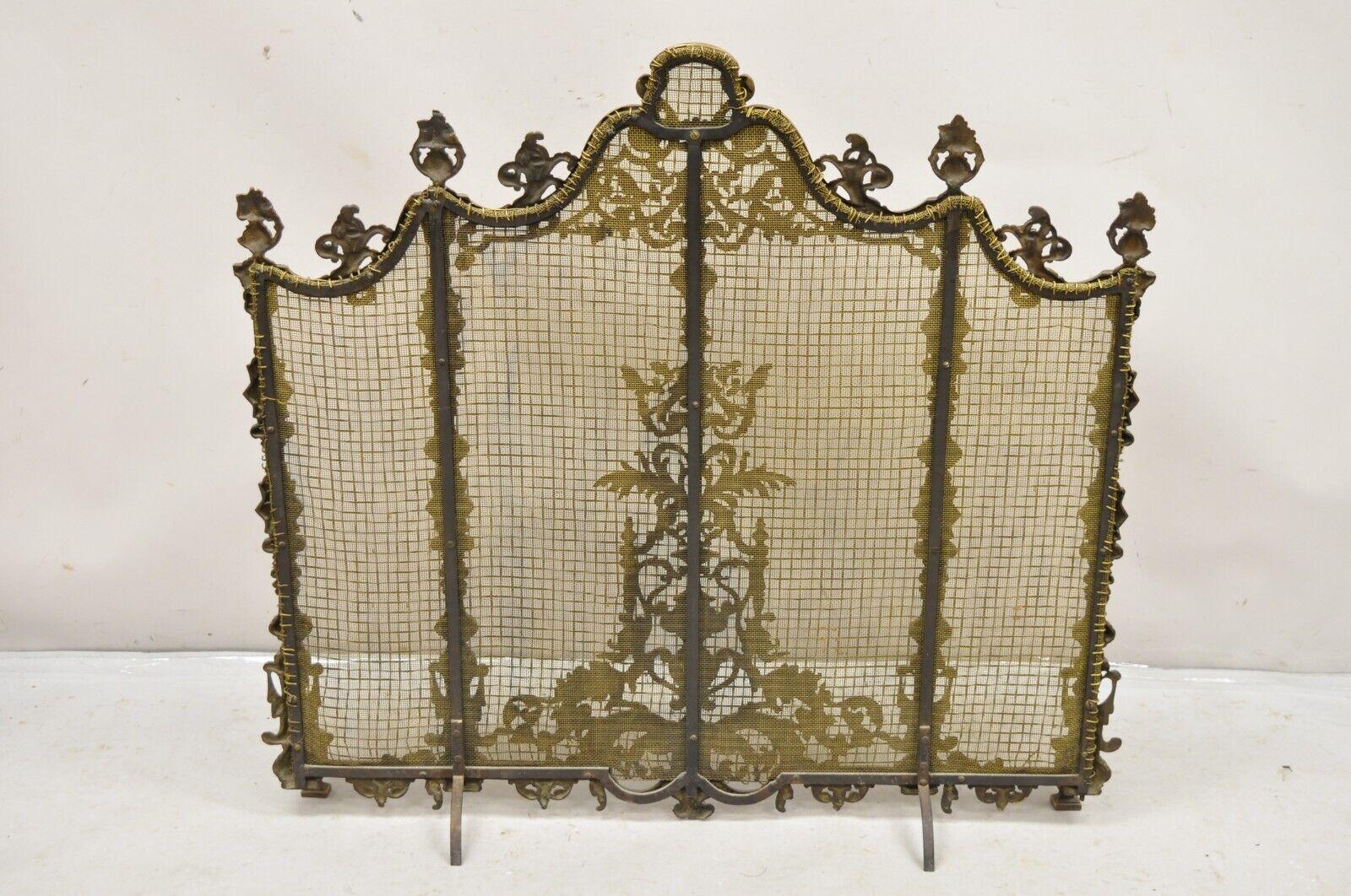 Antique French Renaissance Baroque Style Figural Bronze Mesh Fireplace Screen 6