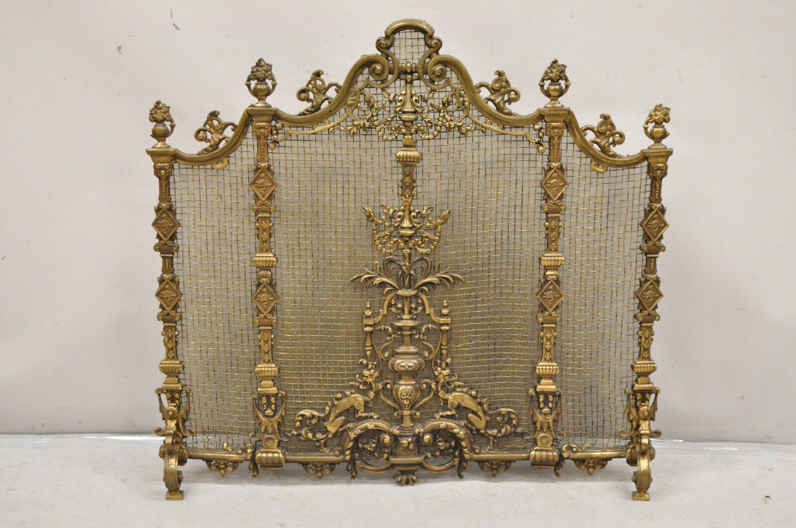 Antique French Renaissance Baroque Style Figural Bronze Mesh Fireplace Screen. Item features figural dragons to front, ornate leafy scrolls and drapes, very impressive item. Circa Late 19th - Early 20th Century. Measurements: 37