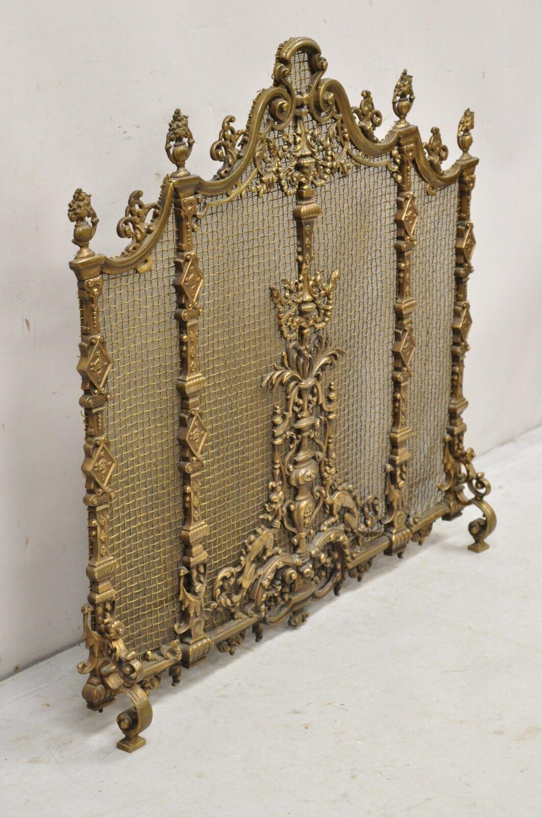 Antique French Renaissance Baroque Style Figural Bronze Mesh Fireplace Screen In Good Condition In Philadelphia, PA
