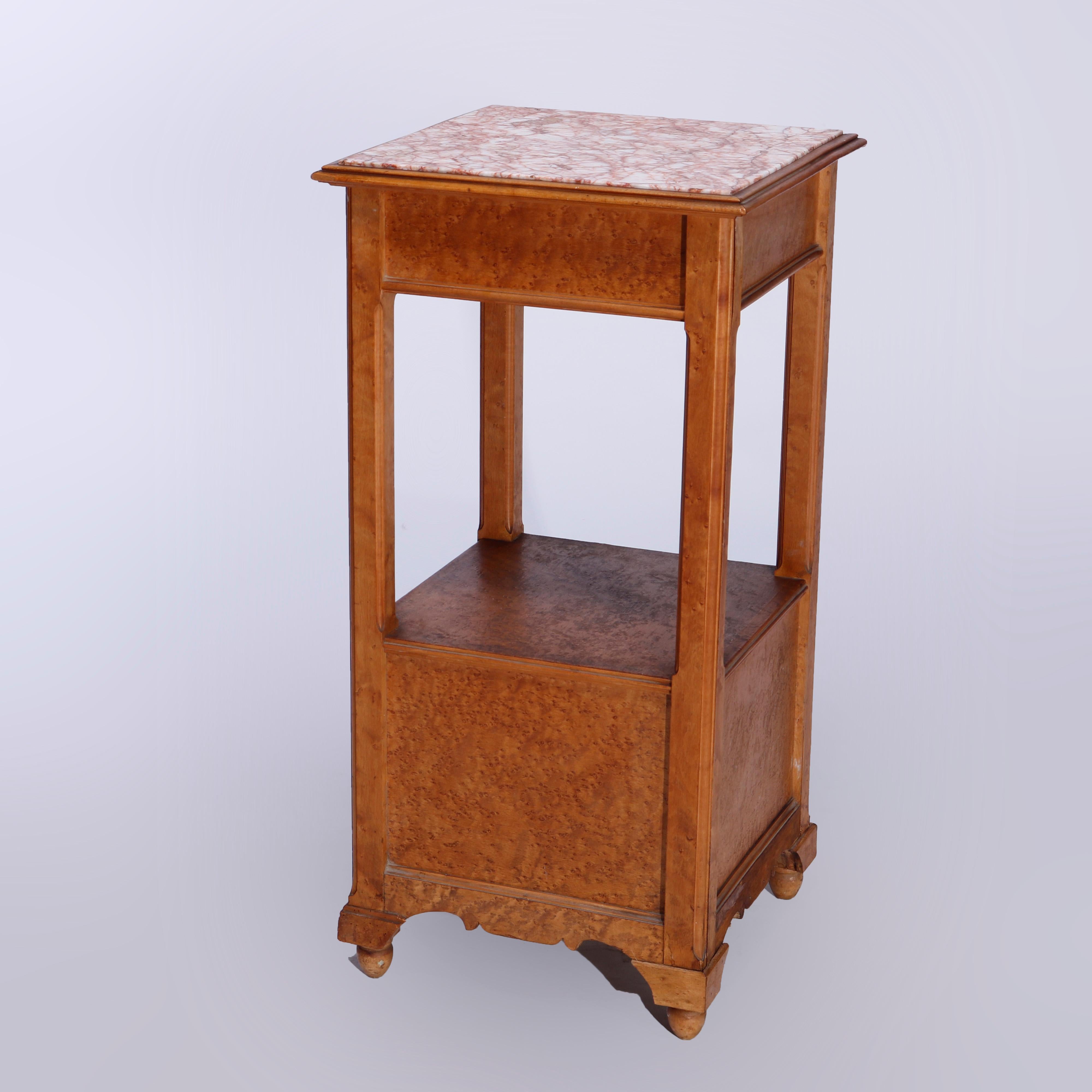 Antique French Renaissance Birdseye Maple & Marble Top Side Stand, c1900 In Good Condition In Big Flats, NY