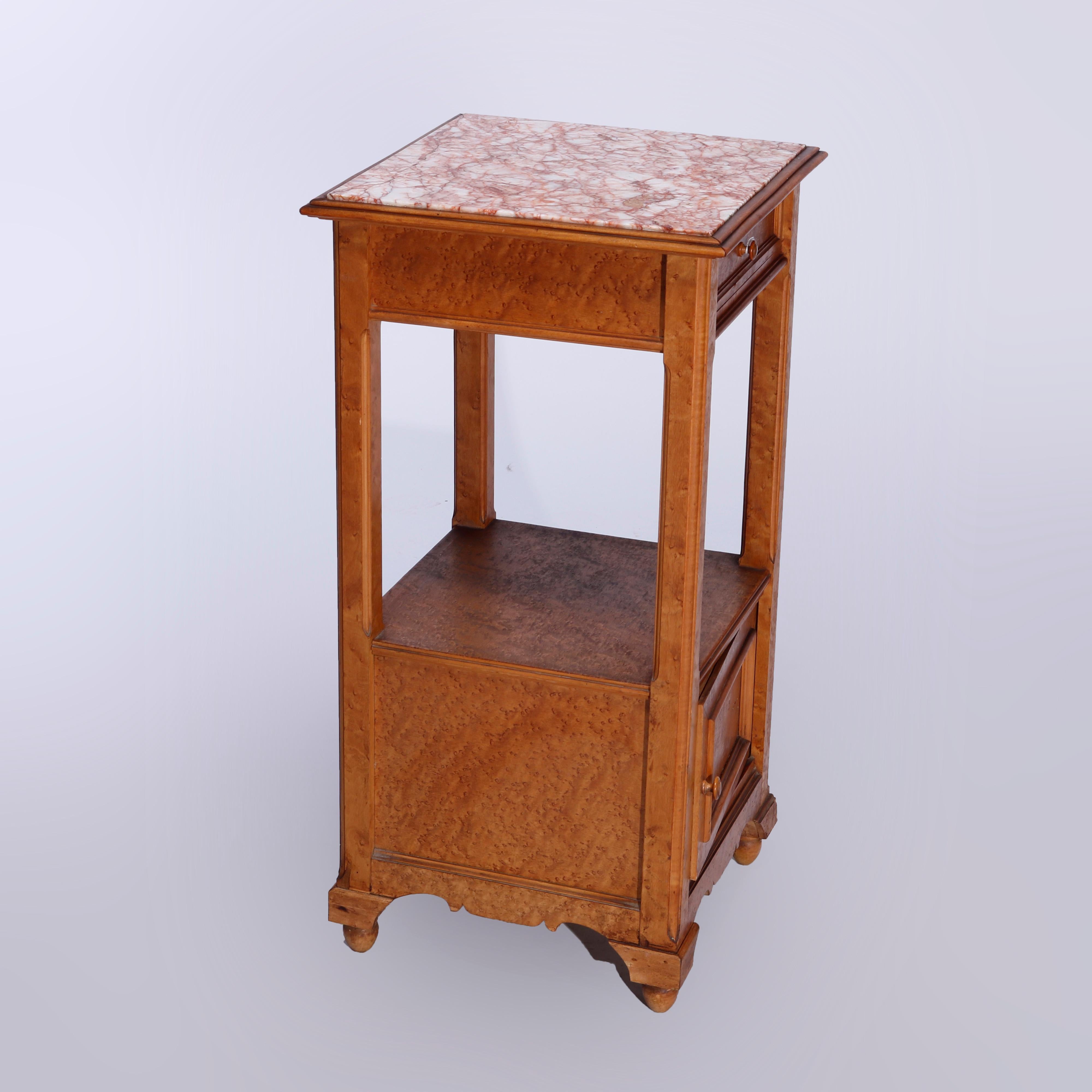 20th Century Antique French Renaissance Birdseye Maple & Marble Top Side Stand, c1900
