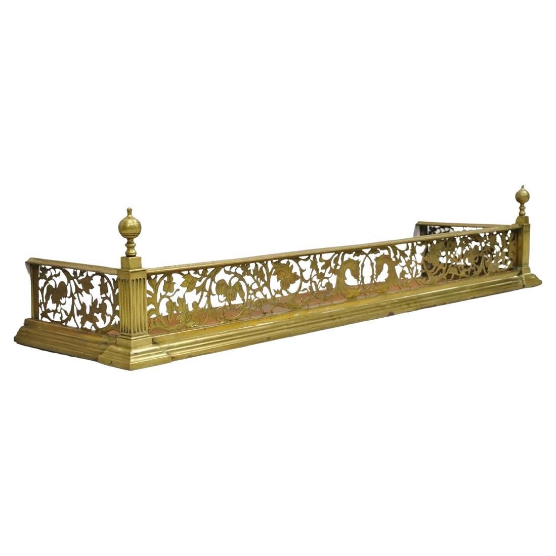 Antique French Renaissance Brass Figural Griffin 52" Fireplace Surround Fender For Sale
