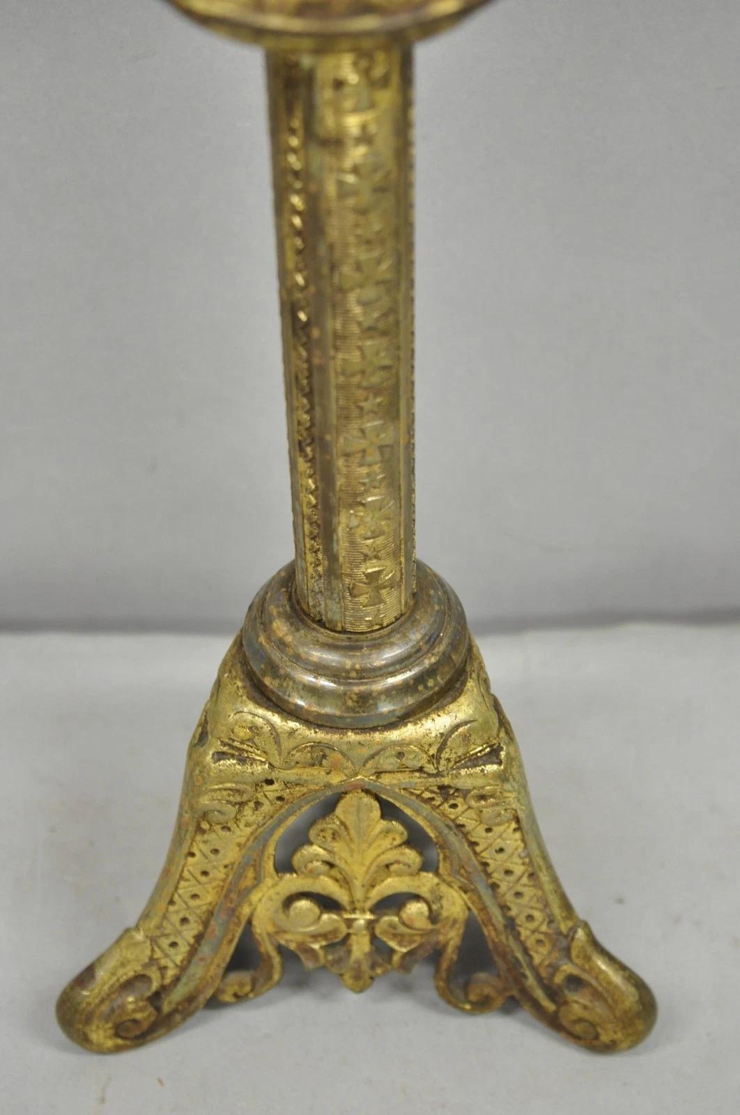 Antique French Renaissance Brass Religious Church Candlestick Table Lamp In Good Condition For Sale In Philadelphia, PA