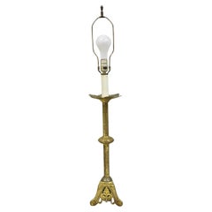 Antique French Renaissance Brass Religious Church Candlestick Table Lamp