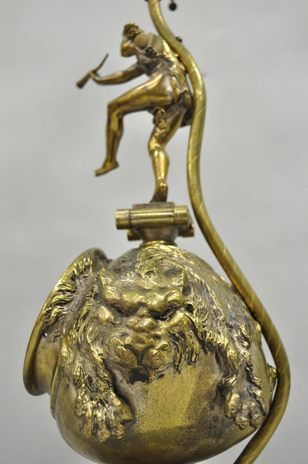 Unknown Antique French Renaissance Bronze Figural Game Hunting Lion Desk Table Lamp For Sale