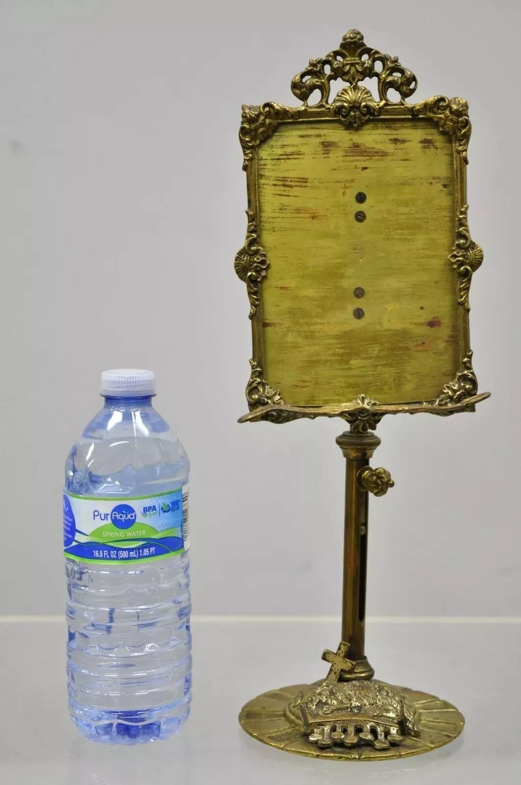 Antique French Renaissance Style Bronze Small Catholic Lamb of God 7 Seals Altar Frame. Lamb of God and the Seven Seals to base, adjustable height, pivoting frame, glass front, ornate brass work, ornate folding edge to hold small book/document, very
