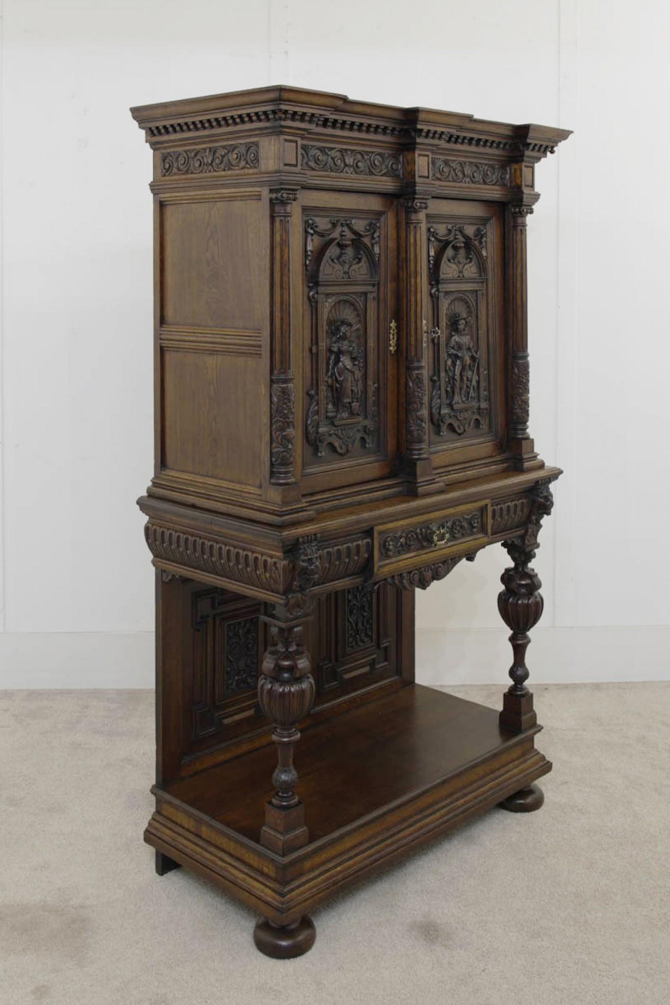 You are viewing a gorgeous French carved buffet / cabinet in the Renaissance style
Circa 1880, the profuse carving is incredibly detailed including panels with Romantic scenes of a male and female
At other points there are lions heads and other