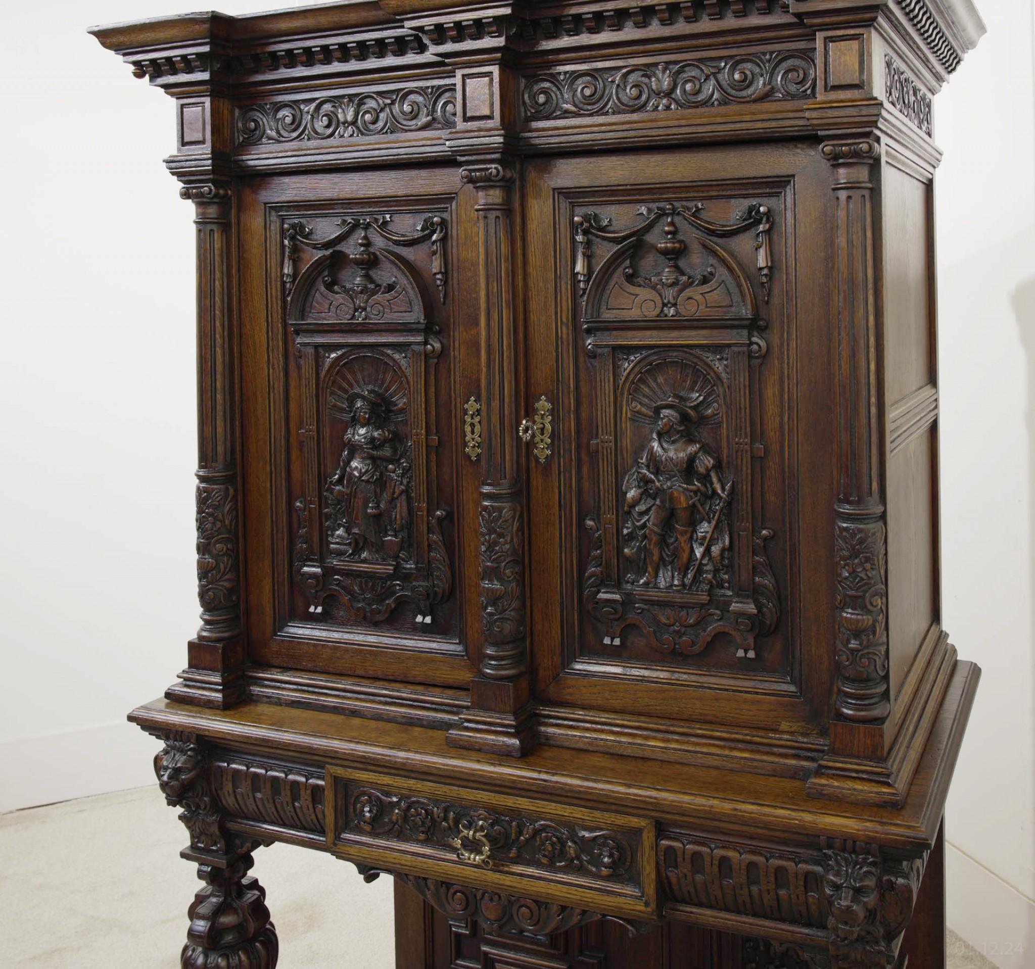 Wood Antique French Renaissance Cabinet Buffet Carved Server 1880 For Sale