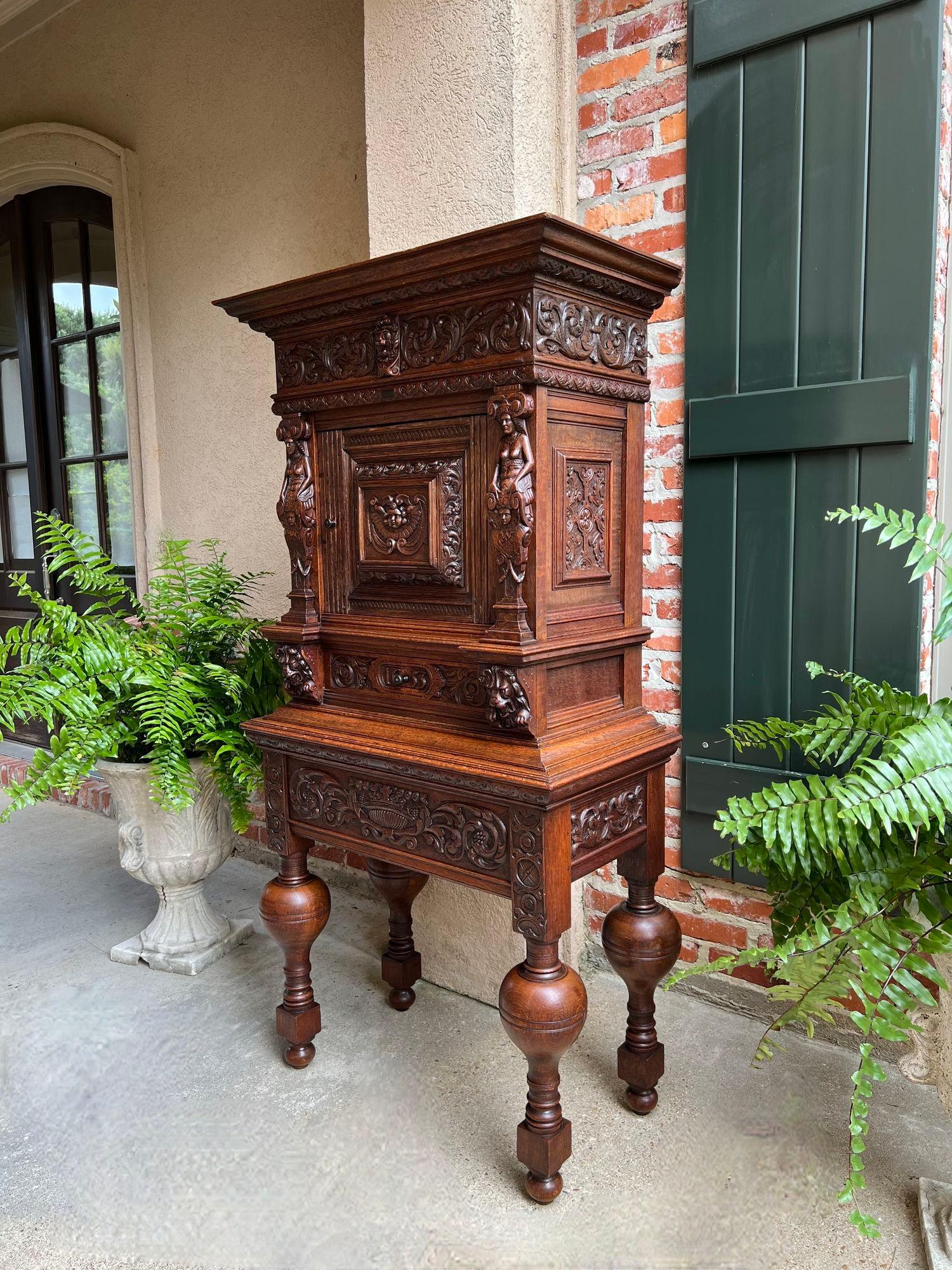 Antique French Renaissance Cabinet Server Carved Oak Bookcase Sideboard c1880 8