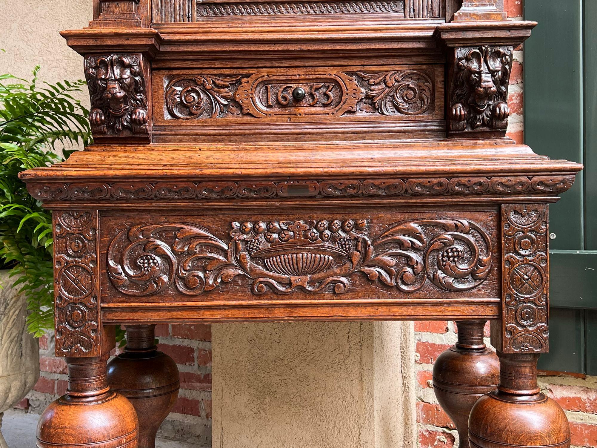 Antique French Renaissance Cabinet Server Carved Oak Bookcase Sideboard c1880 11