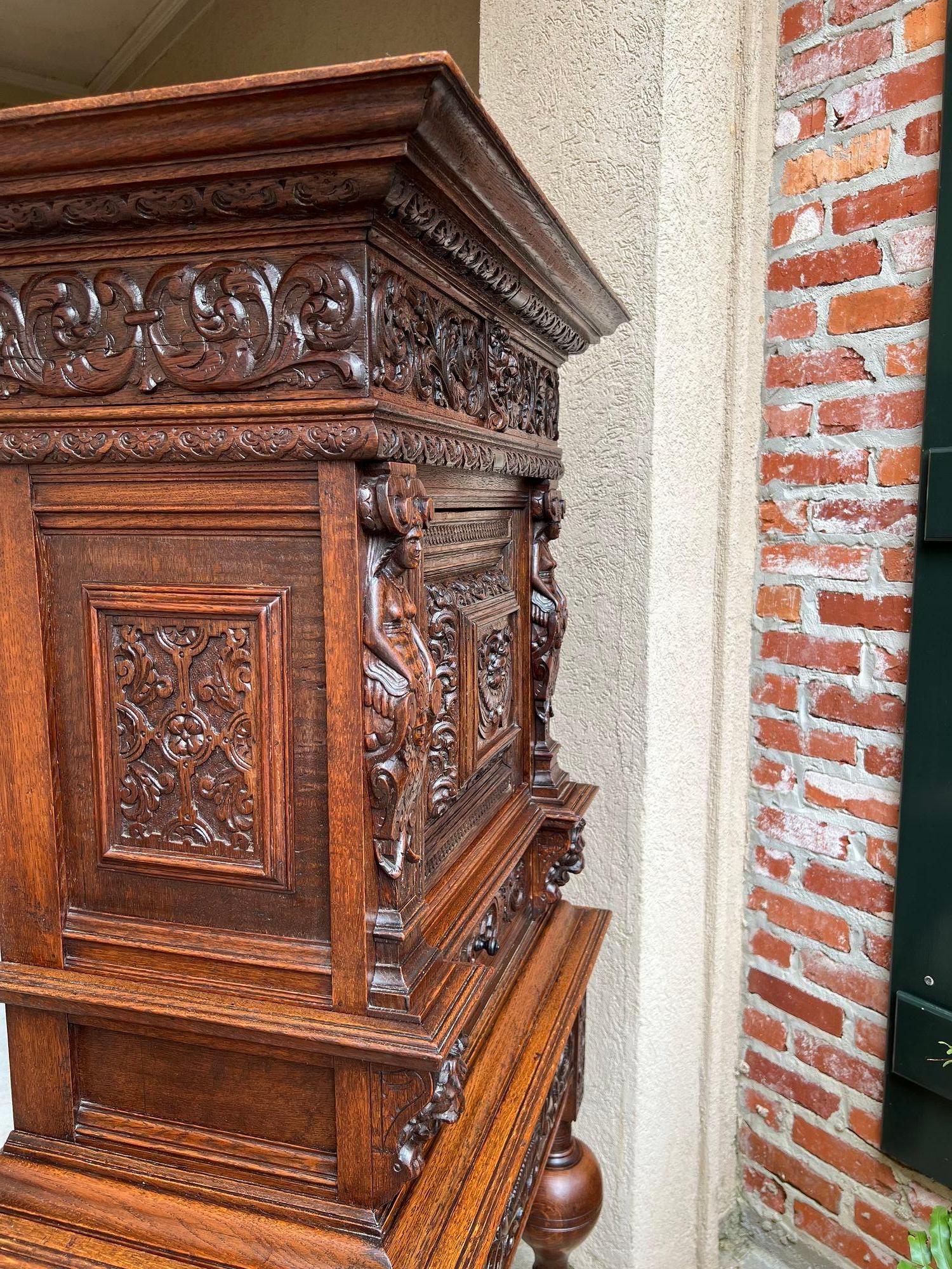 Antique French Renaissance Cabinet Server Carved Oak Bookcase Sideboard c1880 12