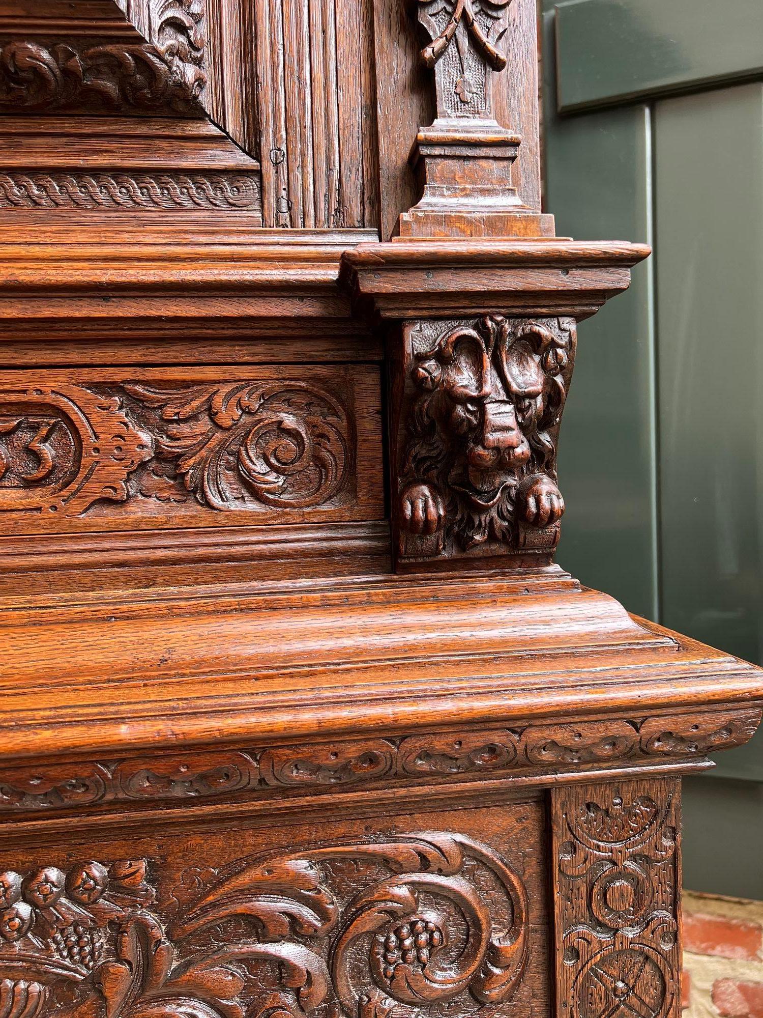 Antique French Renaissance Cabinet Server Carved Oak Bookcase Sideboard c1880 13