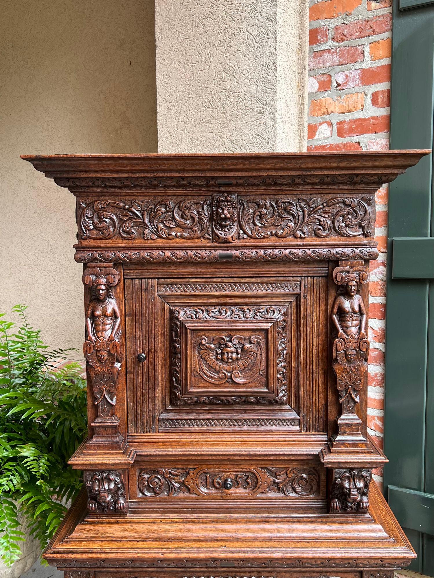 19th Century Antique French Renaissance Cabinet Server Carved Oak Bookcase Sideboard c1880