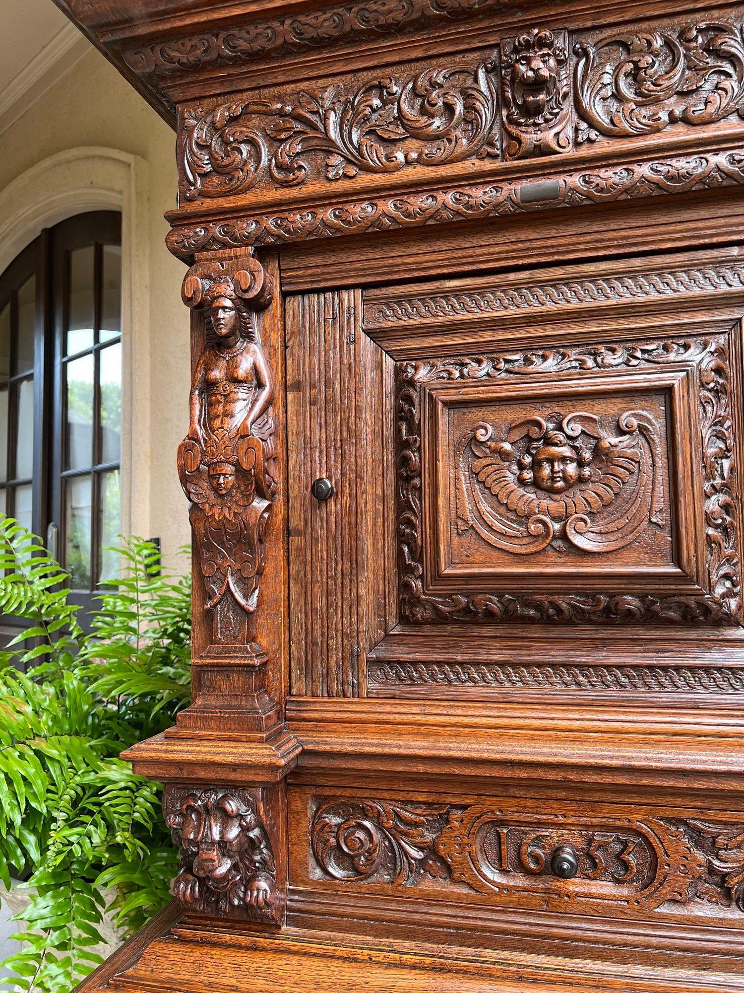 Antique French Renaissance Cabinet Server Carved Oak Bookcase Sideboard c1880 1