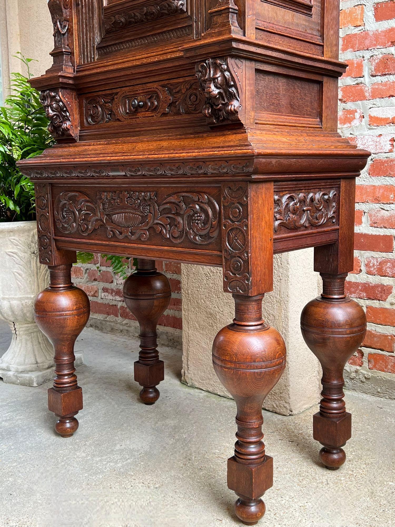 Antique French Renaissance Cabinet Server Carved Oak Bookcase Sideboard c1880 3