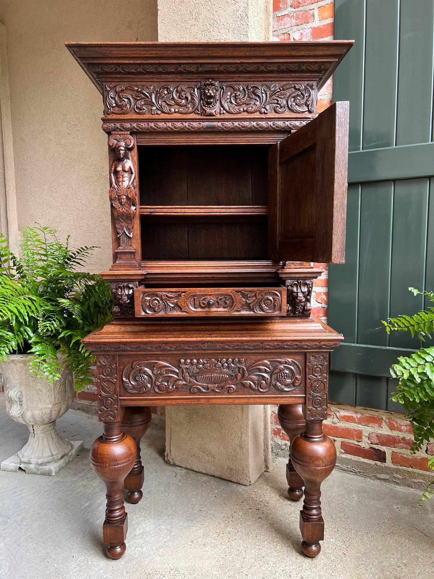 Antique French Renaissance Cabinet Server Carved Oak Bookcase Sideboard c1880 4