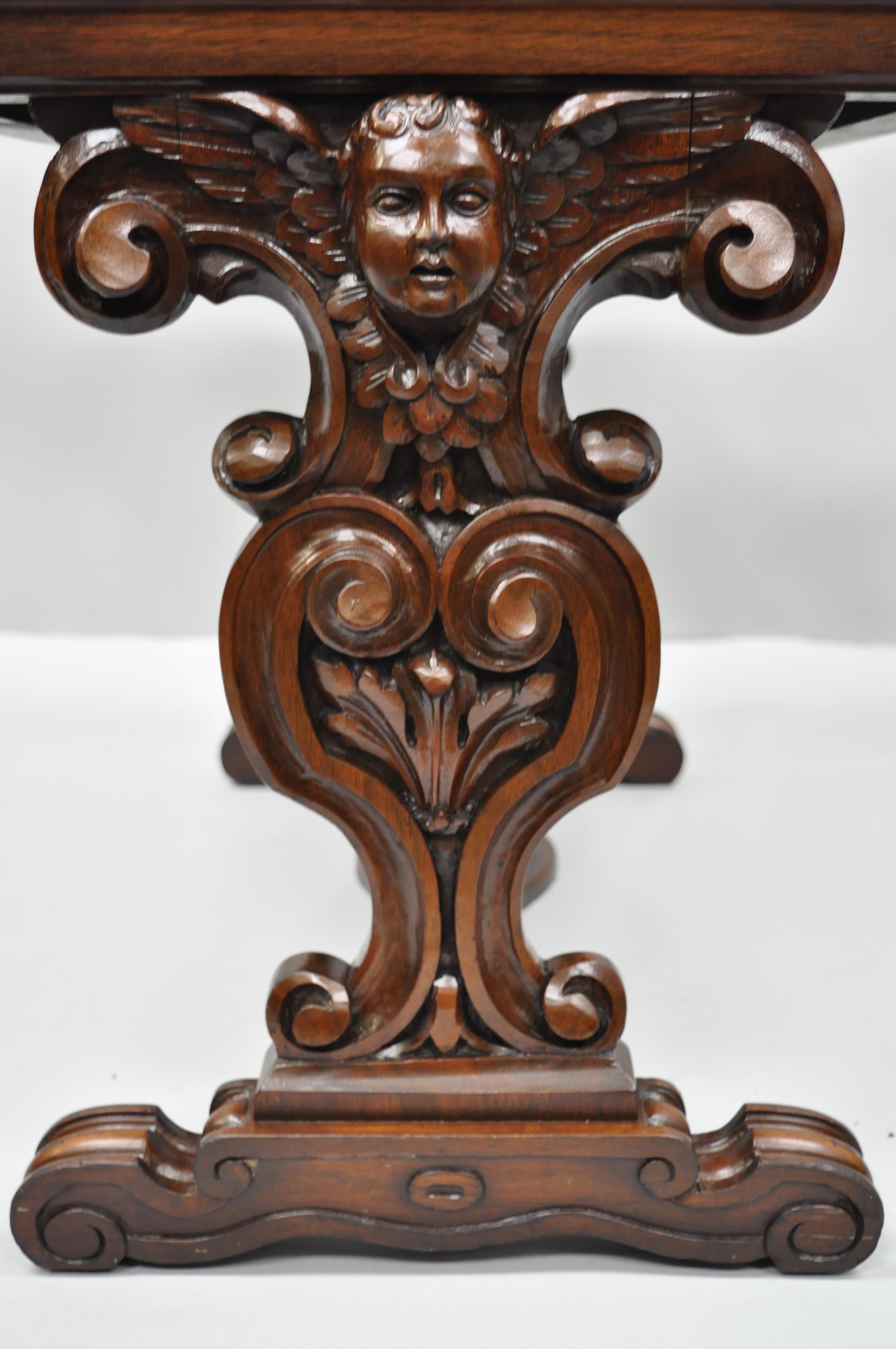 Antique French Renaissance Carved Cherub Angel Walnut & Marble Accent Side Table In Good Condition For Sale In Philadelphia, PA