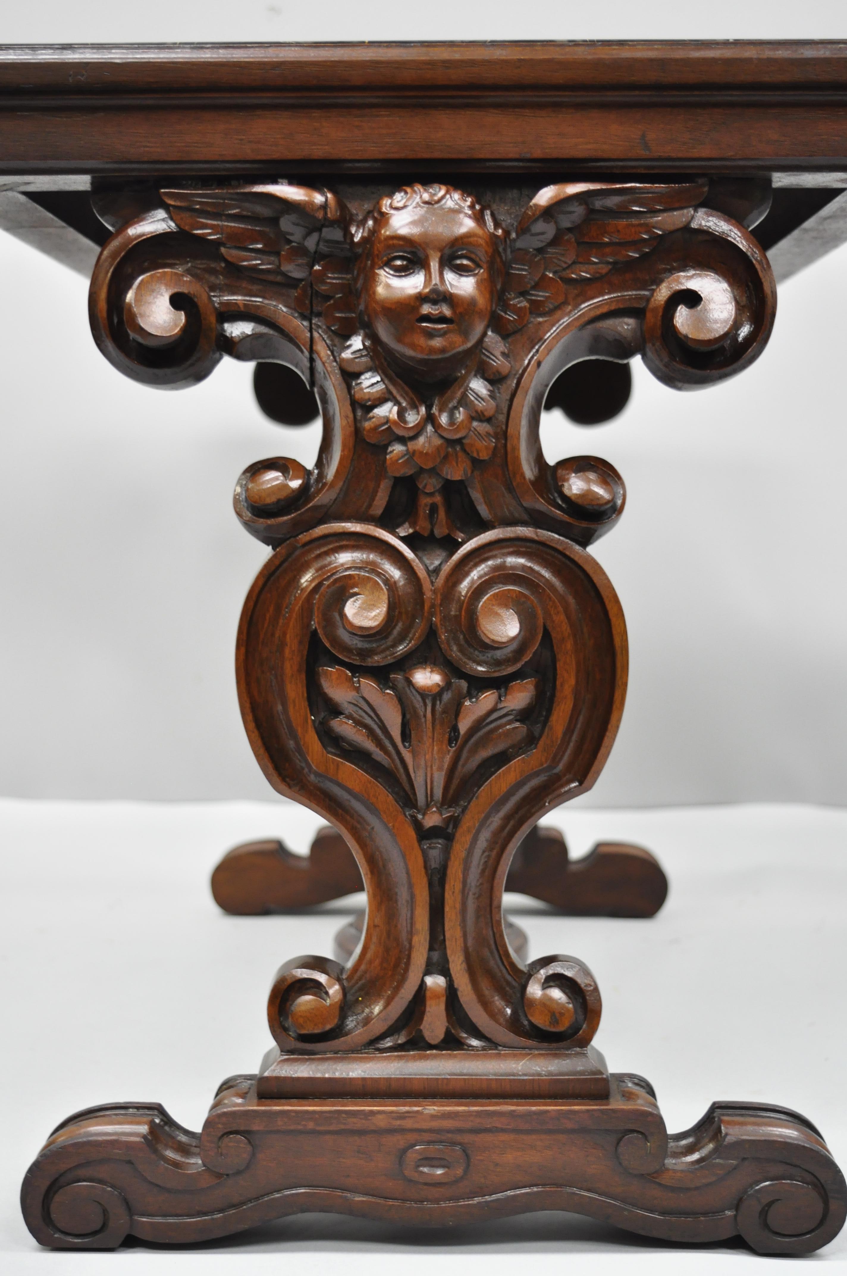 20th Century Antique French Renaissance Carved Cherub Angel Walnut & Marble Accent Side Table For Sale