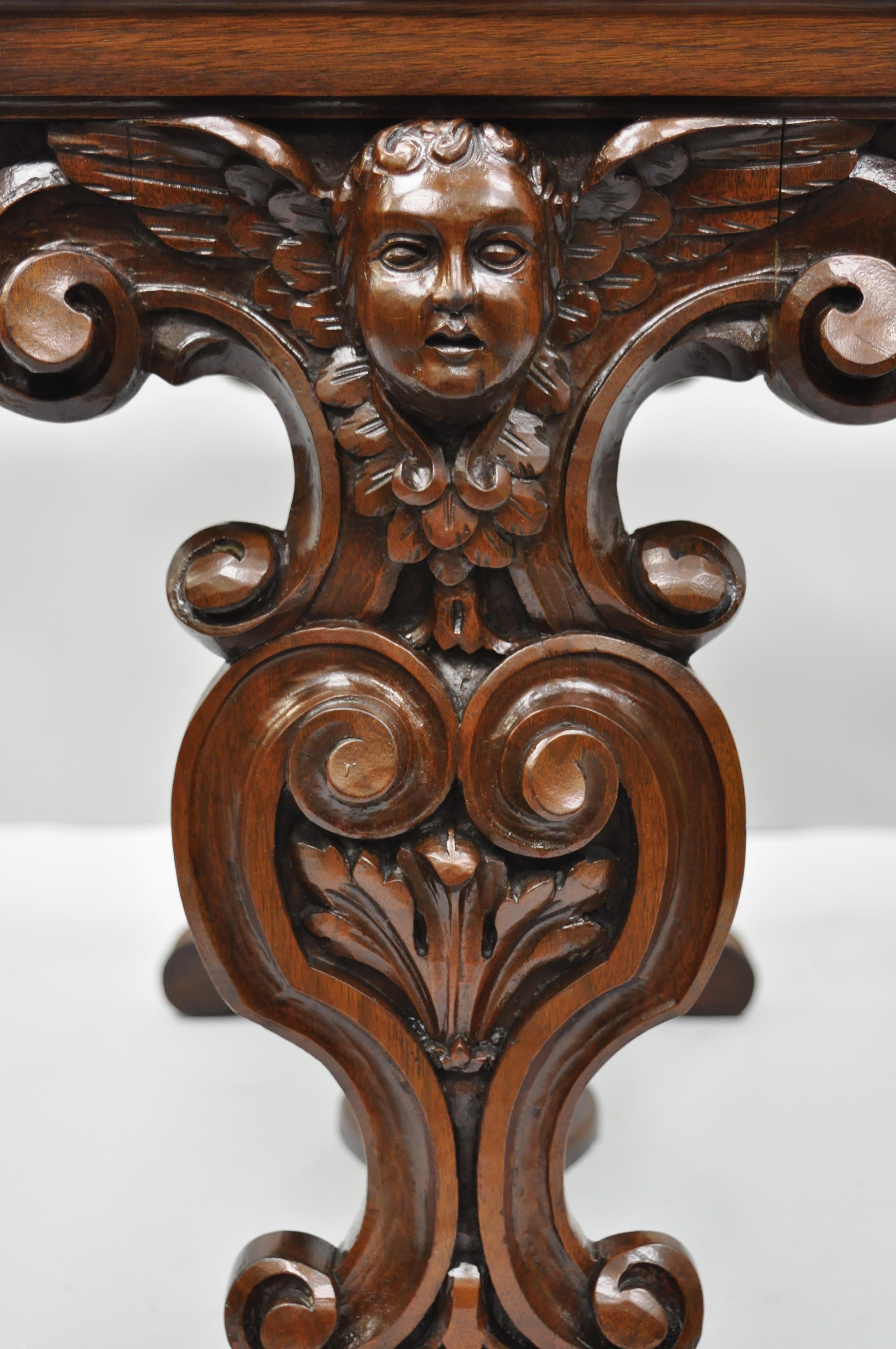 Antique French Renaissance Carved Cherub Angel Walnut & Marble Accent Side Table For Sale 1