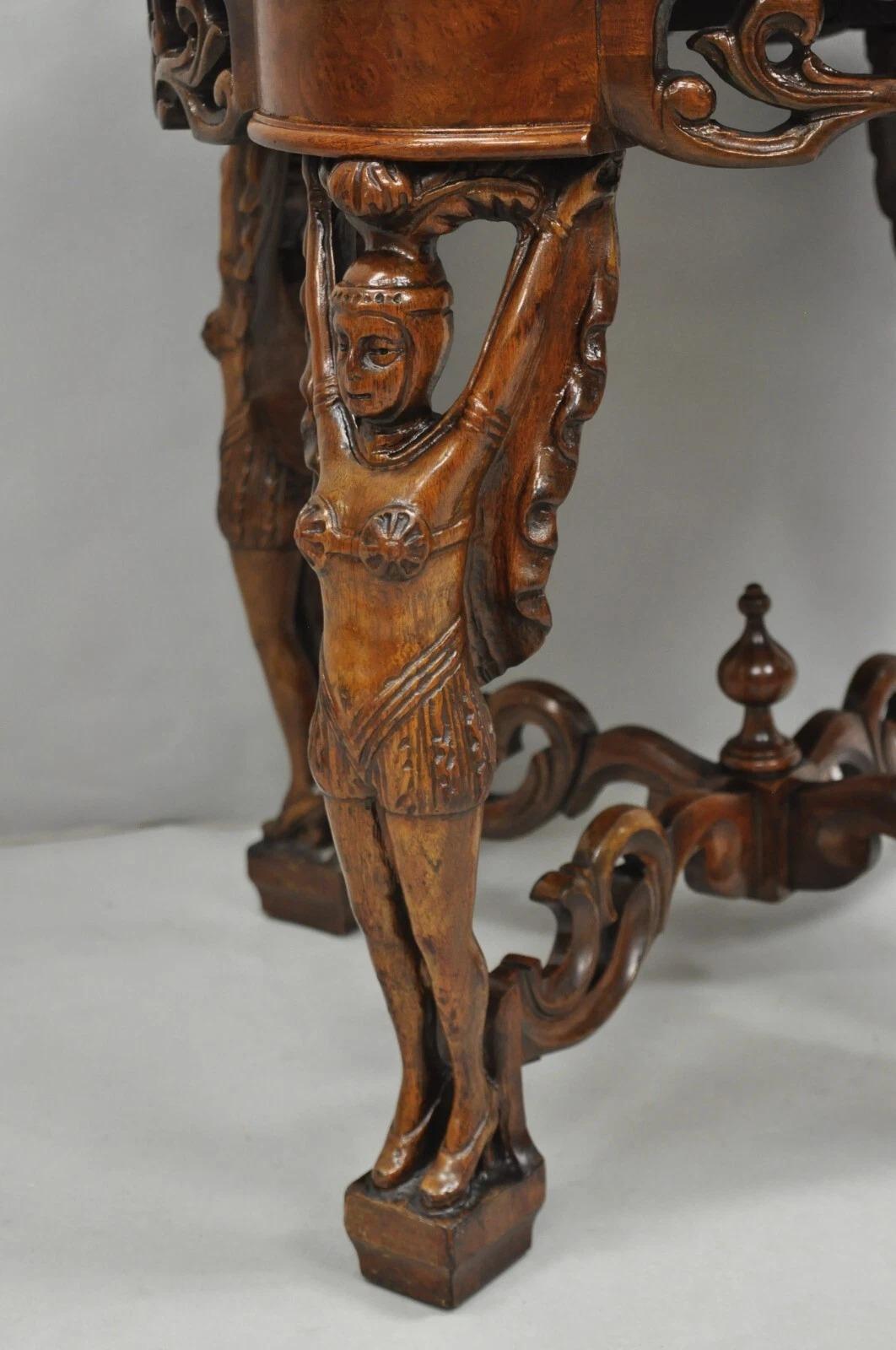 Antique French Renaissance Carved Female Dancer Walnut Display Tray Coffee Table For Sale 4