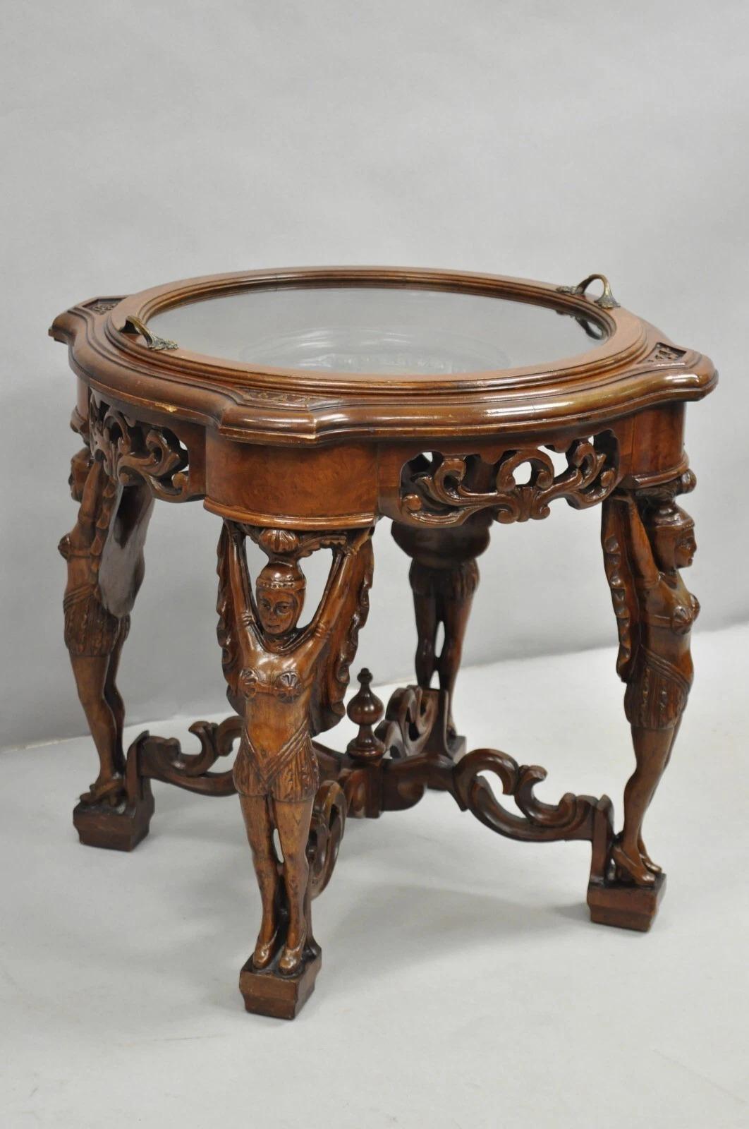 Antique French Renaissance Carved Female Dancer Walnut Display Tray Coffee Table For Sale 5