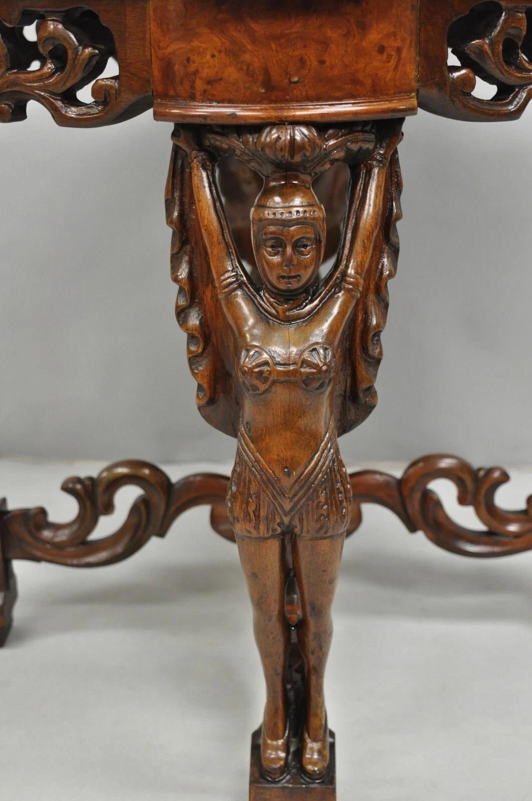 Antique French Renaissance Carved Female Dancer Walnut Display Tray Coffee Table In Good Condition For Sale In Philadelphia, PA