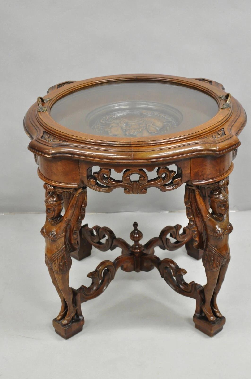 20th Century Antique French Renaissance Carved Female Dancer Walnut Display Tray Coffee Table For Sale