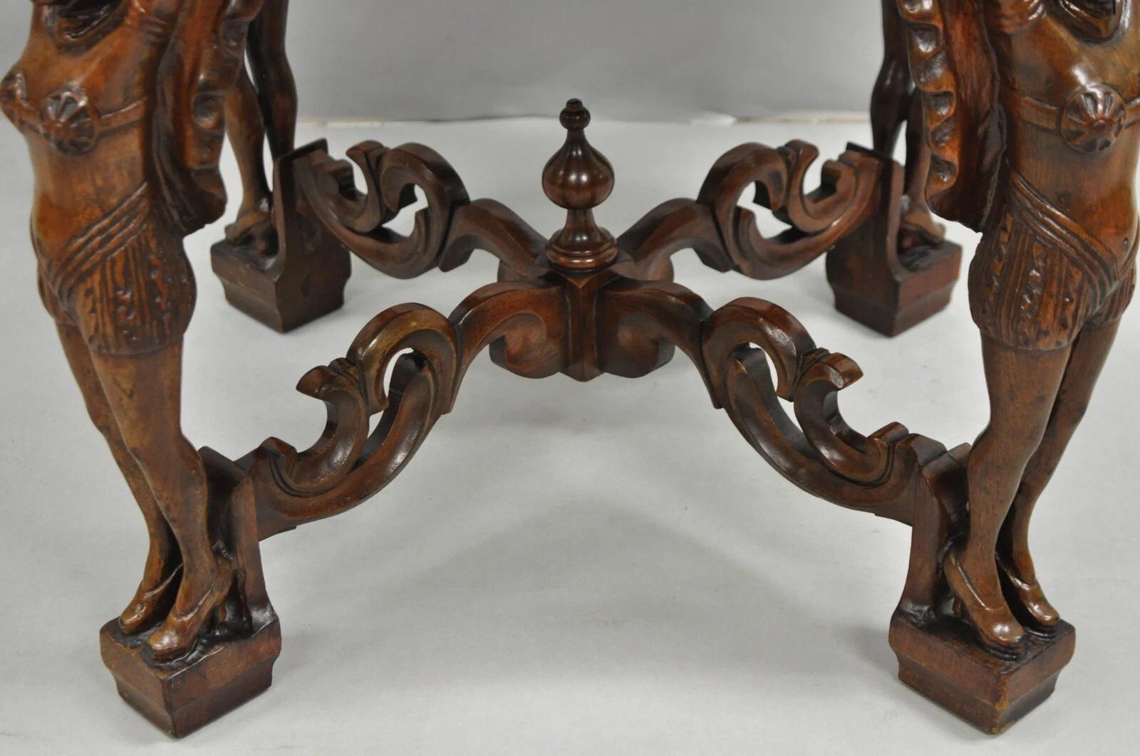 Glass Antique French Renaissance Carved Female Dancer Walnut Display Tray Coffee Table For Sale