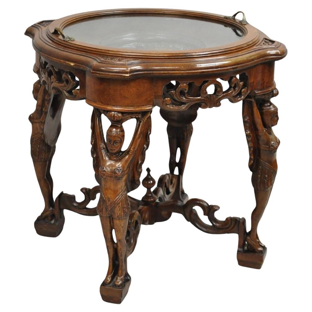 Antique French Renaissance Carved Female Dancer Walnut Display Tray Coffee Table For Sale
