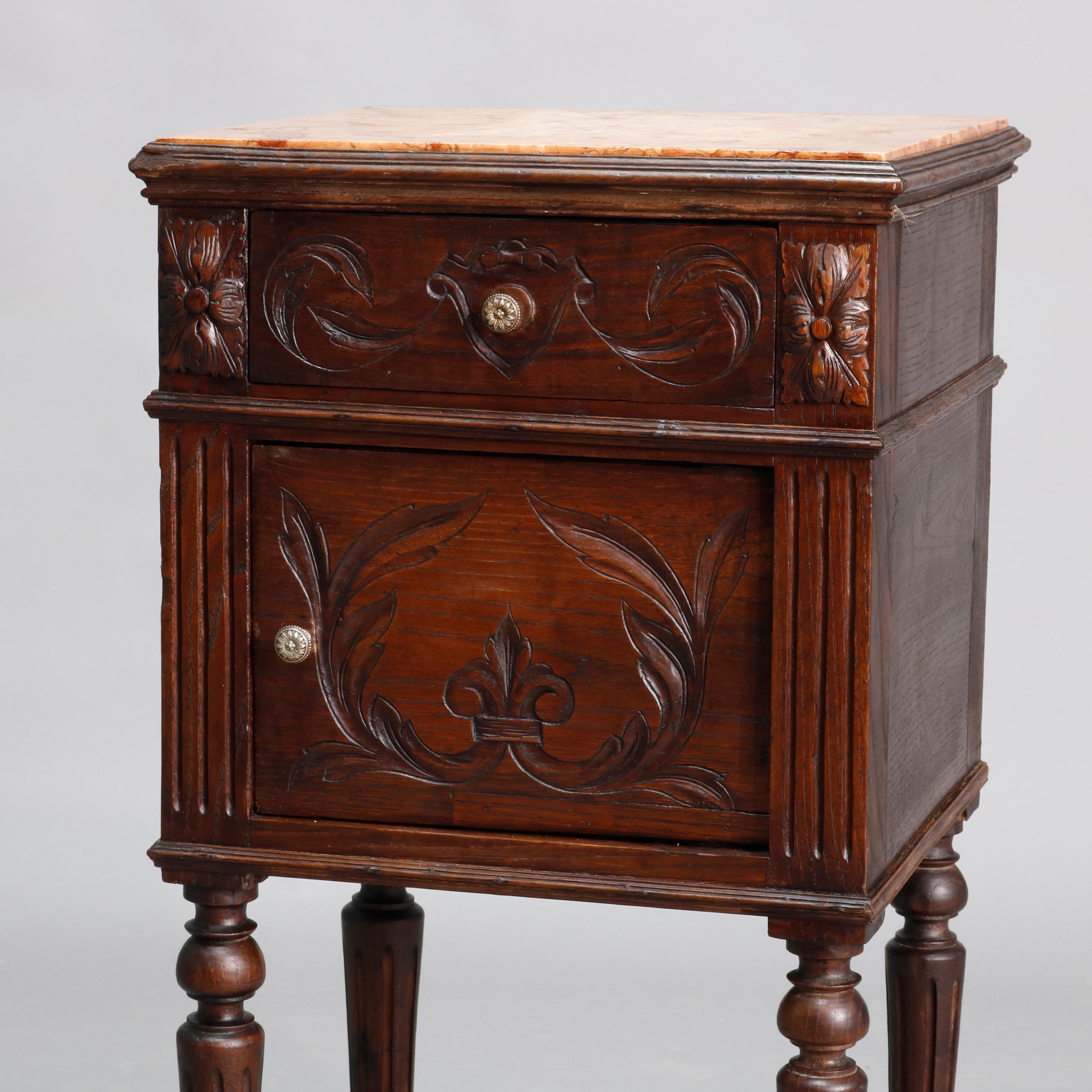 Antique French Renaissance Style stained pine side stand with inset marble-top over acanthus carved drawer with flanking rosettes and single door cabinet with foliate carving, single lower shelf, raised on fluted tapered legs and feet, 19th