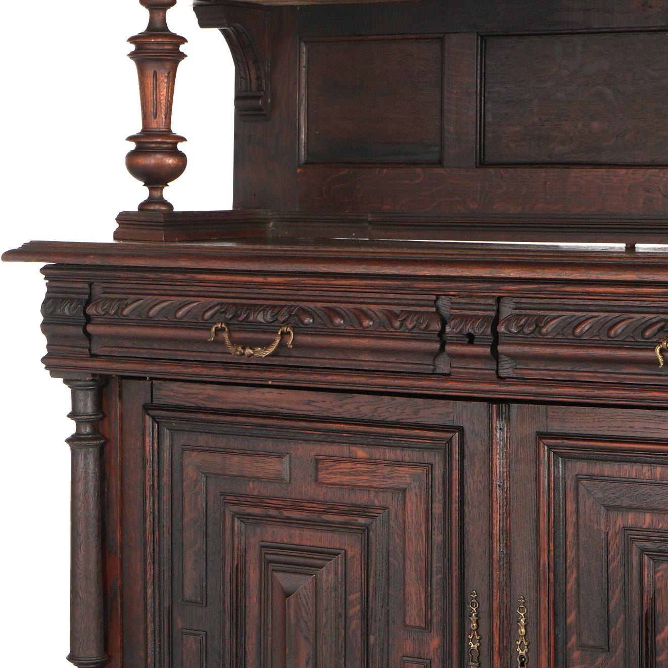 20th Century Antique French Renaissance Carved Oak Court Cupboard with Foliate Elements C1900