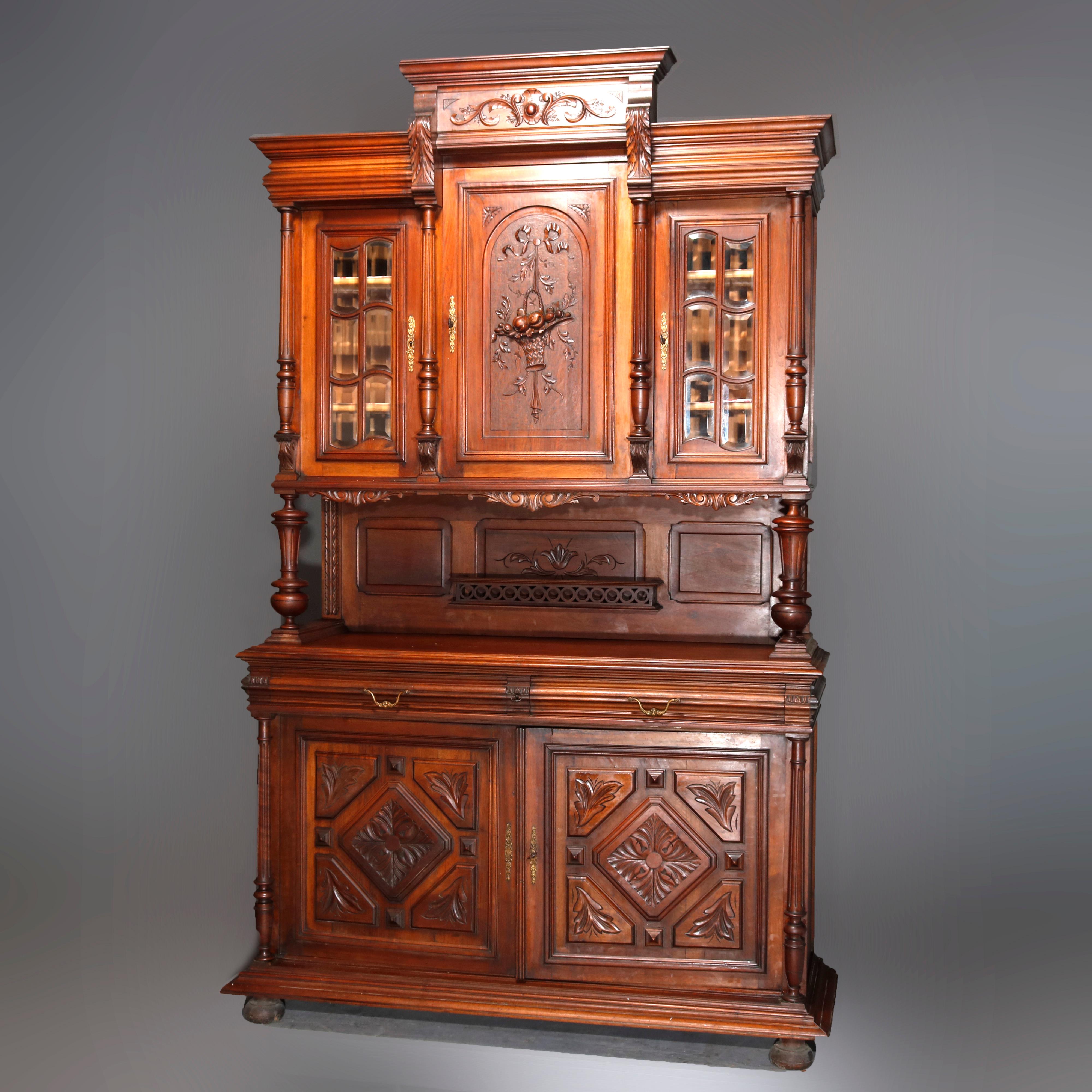 French Renaissance Carved Walnut and Beveled Glass Hunt Cupboard, circa 1890 12