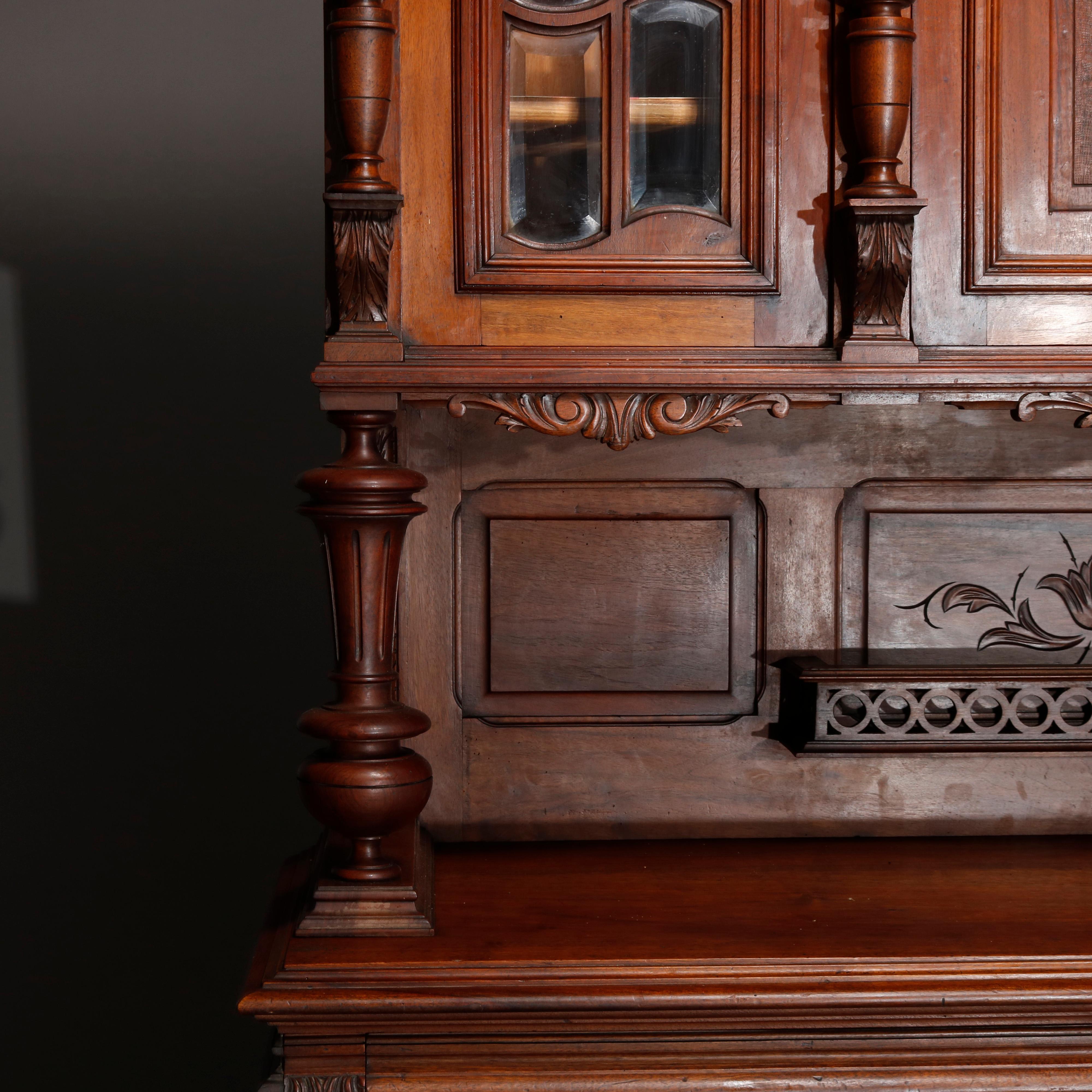 French Renaissance Carved Walnut and Beveled Glass Hunt Cupboard, circa 1890 In Good Condition In Big Flats, NY
