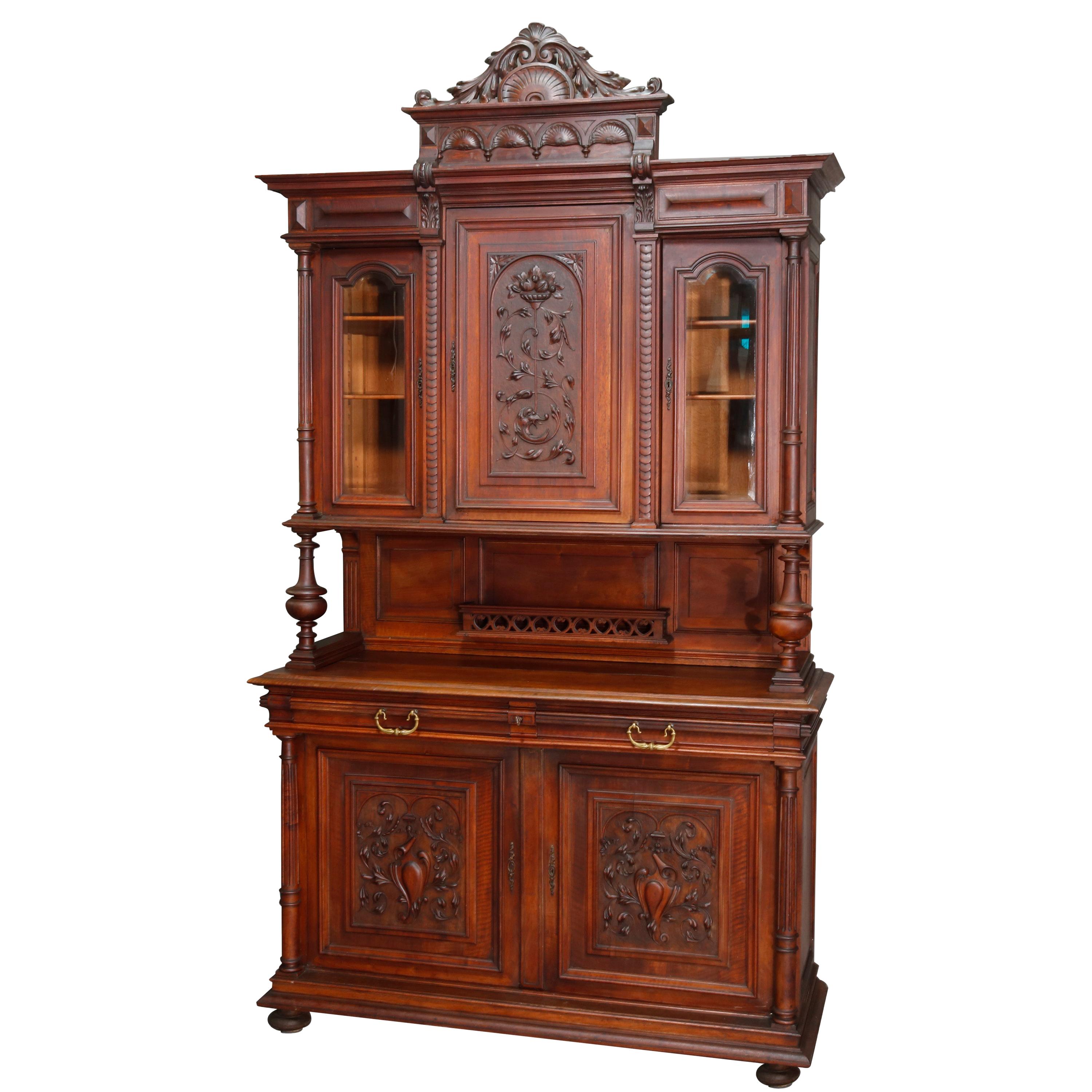 Antique French Renaissance Carved Walnut Court Cupboard, 19th Century For Sale